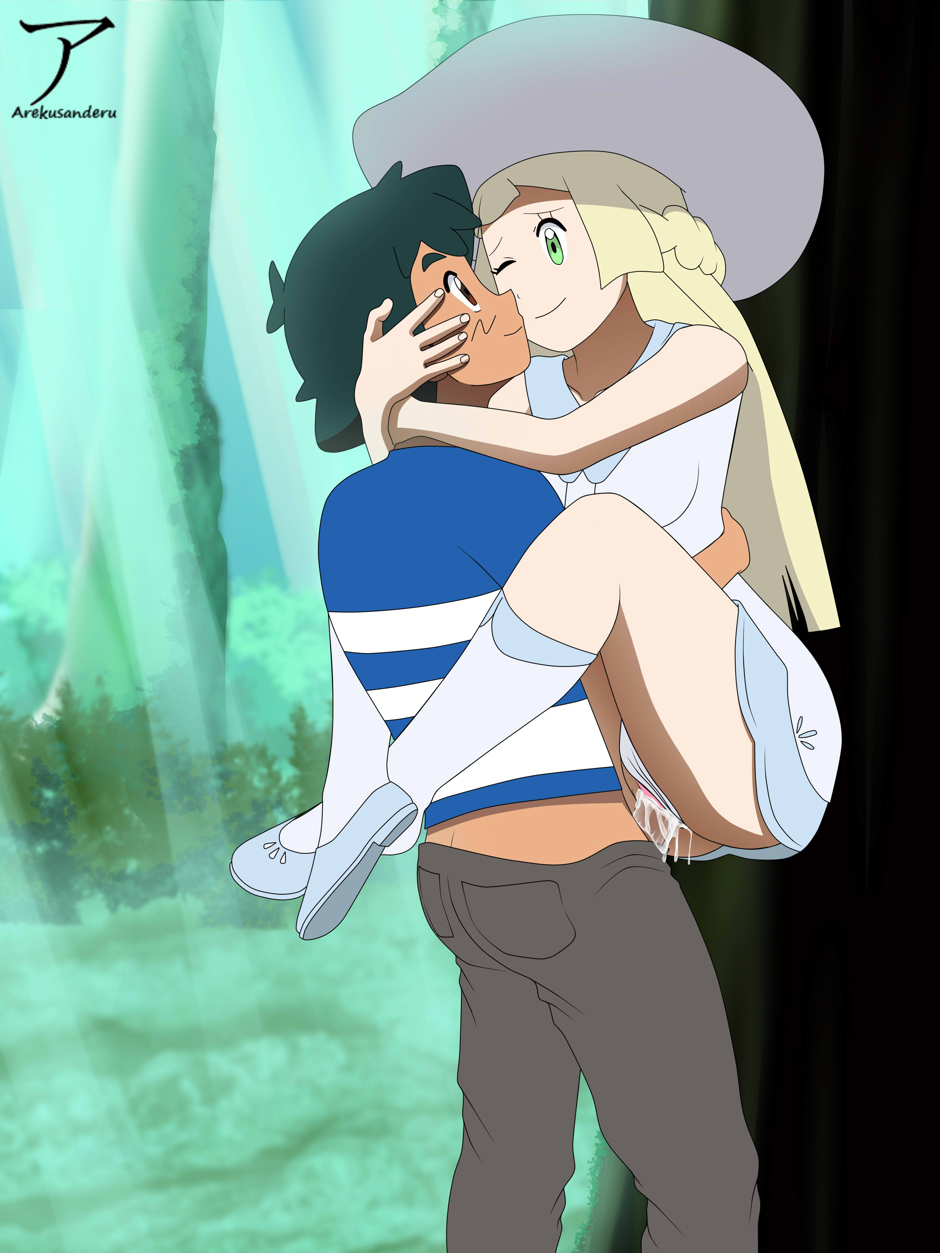 1boy, 1girls, against tree, arekusanderu, arm around neck, arms around neck, ash ketchum, black hair, blonde hair, brown hair, clothed, clothed sex, clothing, cum, cum in pussy, cum inside, cumming, dress, female, forest, forest background, green eyes, hand around neck, hands around neck, hugging, leg lock, leg wrap, legs around partner, lillie (pokemon), looking at another, looking at partner, male, one eye closed, one eye open, outdoor sex, outdoors, outdoors sex, outside, outside sex, panties, panties aside, penis, penis in pussy, pokemon, pokemon (anime), pokemon sm, pussy, satoshi (pokemon), smile, stand and carry position, standing, standing sex, teenager, vaginal penetration, vaginal sex, yellow hair