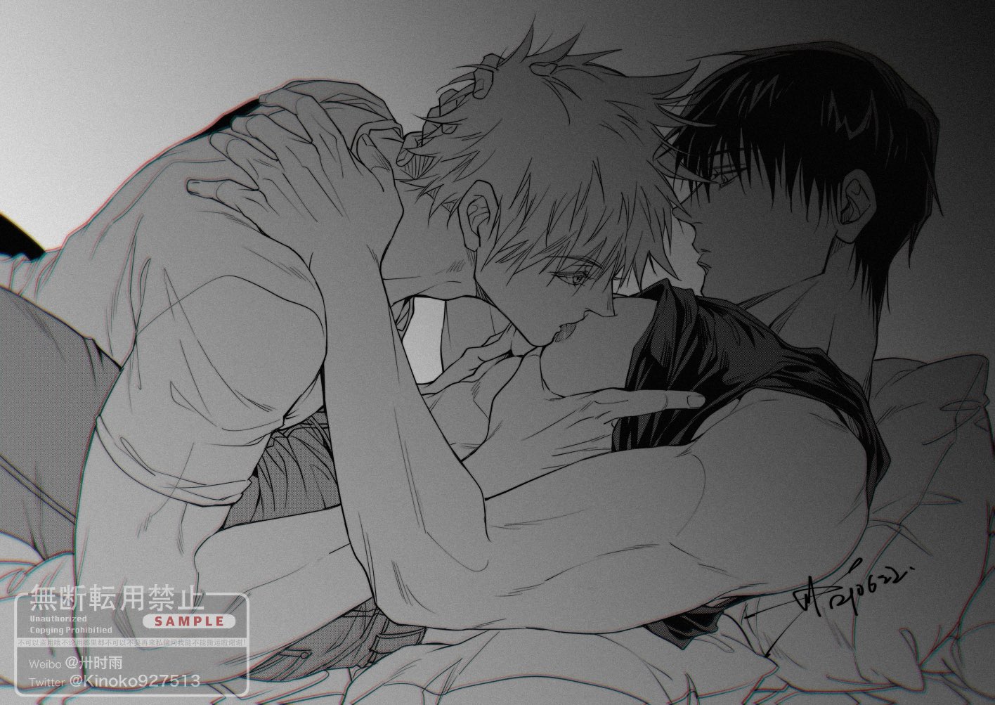 2boys, dilf, gay, jujutsu kaisen, kinoko927513, licking, male, male only, monochrome, muscular, muscular male, nipples, pecs, satoru gojo, toji fushiguro, yaoi