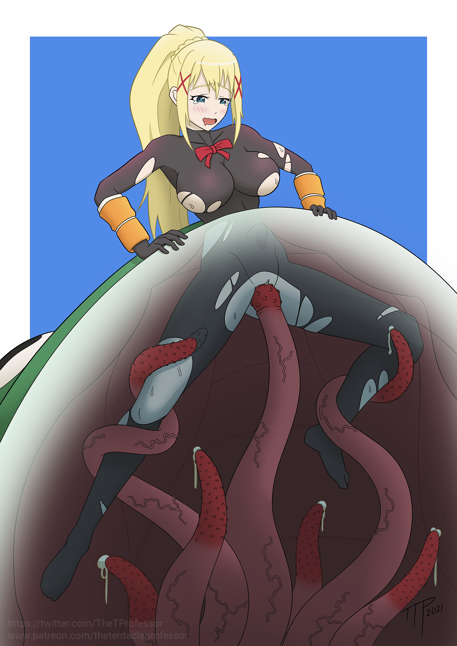 1girls, blonde hair, blue eyes, blush, bondage, breasts, bulge, clothed, clothed sex, clothing, cum, darkness (konosuba), eaten then fucked, female, frog, giant toad, inside creature, interspecies, kono subarashii sekai ni shukufuku wo!, large breasts, long hair, monster, monster on female, open mouth, penetration, pussy, red tentacles, restrained, seedbed, sex, spread legs, stomach bulge, tears, tentacle, tentacle pit, tentacle rape, tentacle sex, the tentacle professor, torn clothes, torn clothing, vaginal penetration, vore, vore sex, x-ray, zoophilia