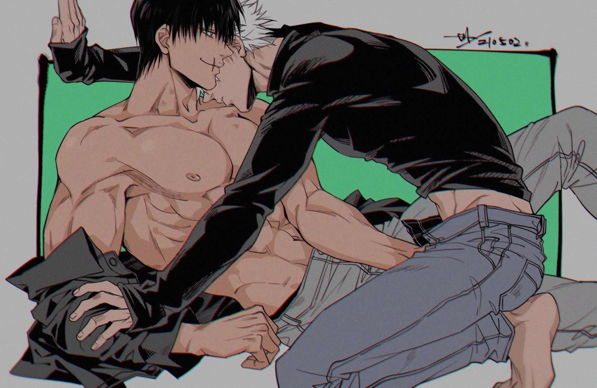 2boys, abdomen, body, gay, jujutsu kaisen, kinoko927513, male, male focus, male only, muscles, muscular, muscular male, nipples, nude, satoru gojo, shirtless, toji fushiguro, topless, yaoi