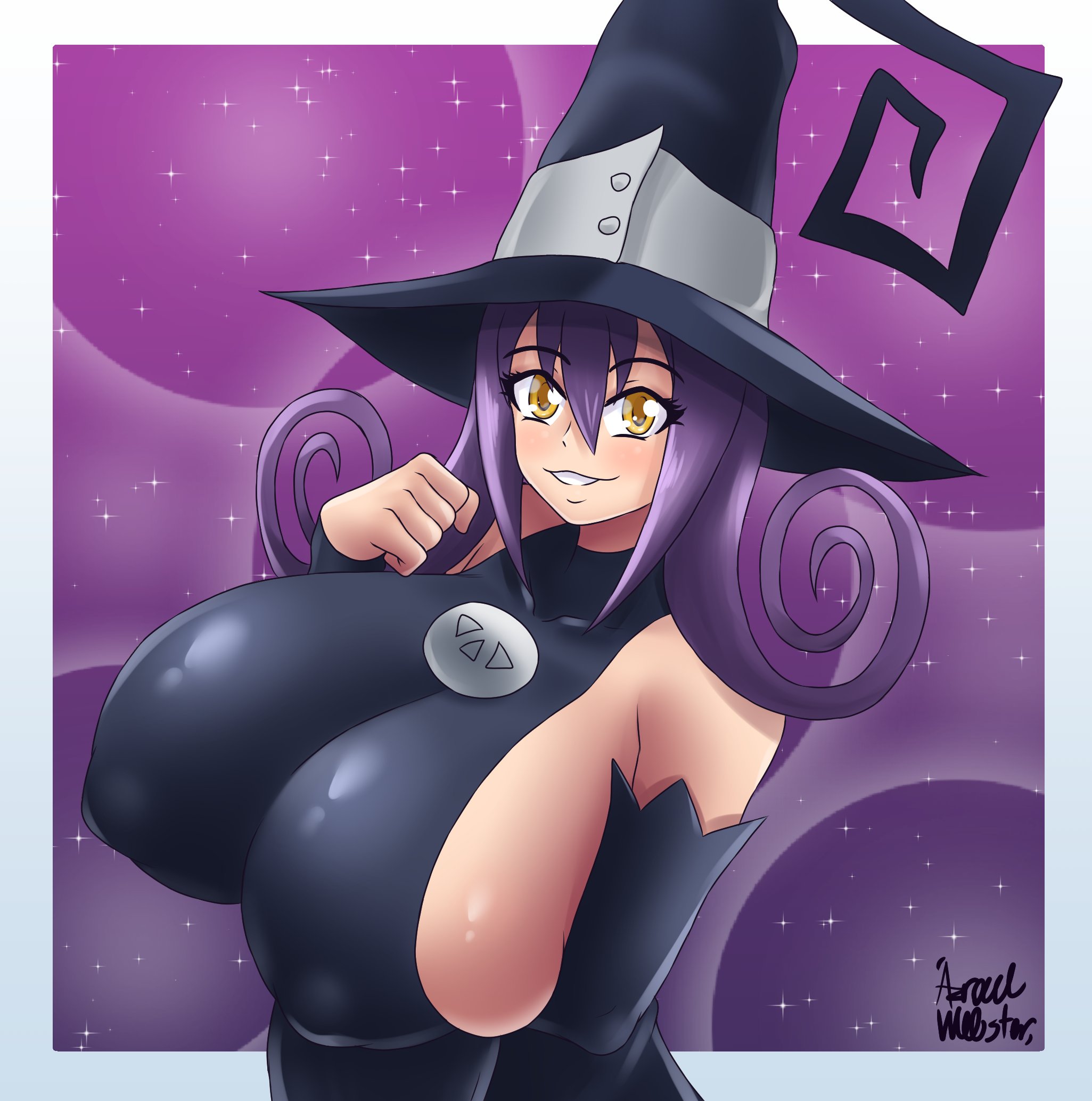 1girls, artist signature, azraelwebster, blair (soul eater), breasts, breasts bigger than head, bursting breasts, clothed, clothed female, collarbone, curled hair, dress, elbow gloves, eyebrows visible through hair, eyelashes, female, female only, hat, headwear, large breasts, long hair, looking at viewer, nipple bulge, puffy nipples, purple hair, smile, solo, solo female, soul eater, tight clothing, witch, witch hat, yellow eyes