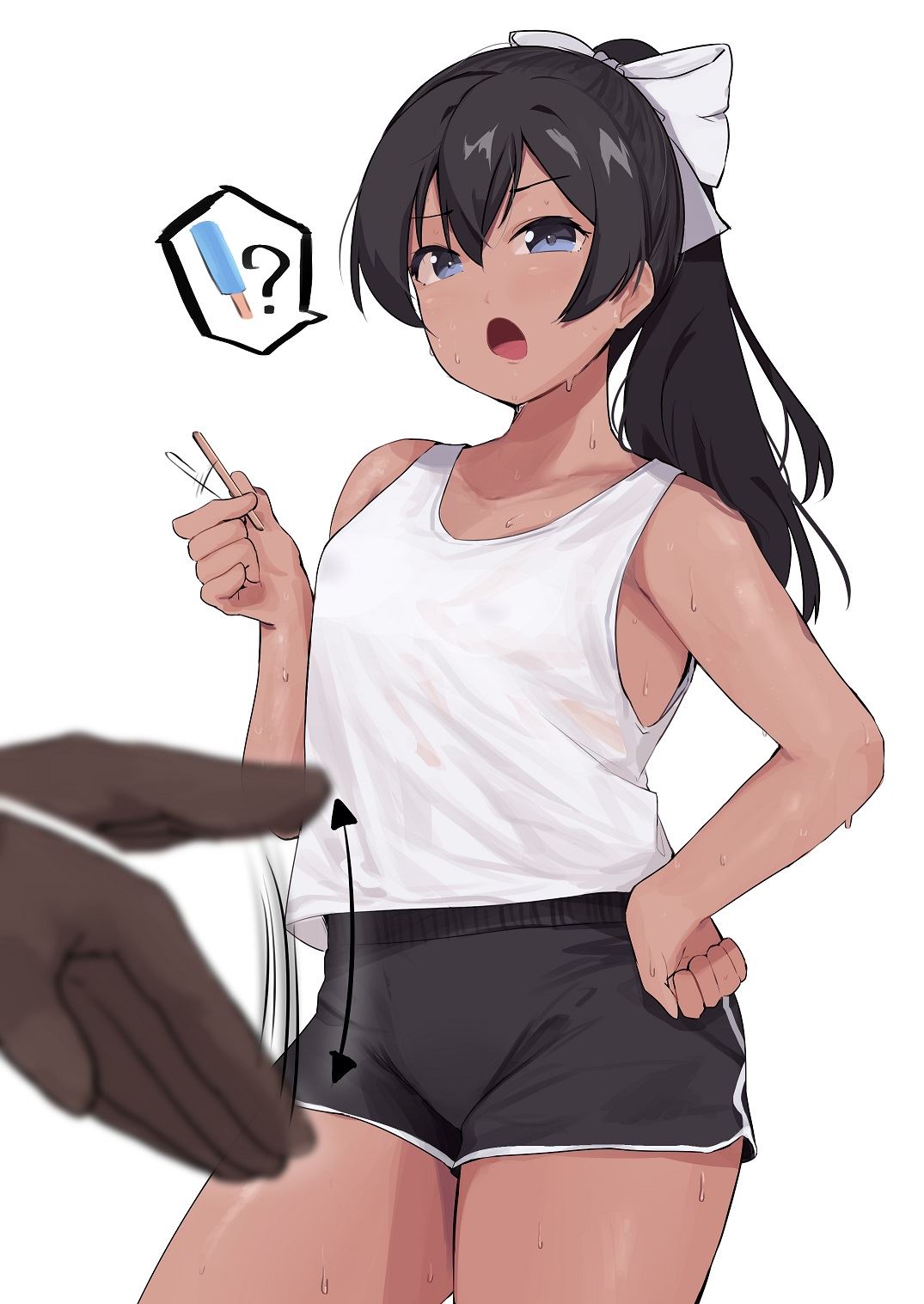 ?, 1boy, 1girls, black hair, blue eyes, breasts, cute, dark skin, dark-skinned female, dark-skinned male, dolphin shorts, female, fringe, male, okpriko, oral, oral insinuation, oral request, original, petite, ponytail, skinny, slim, small breasts, suggestive, teenager, thai, thai girl (okpriko), tomboy, young