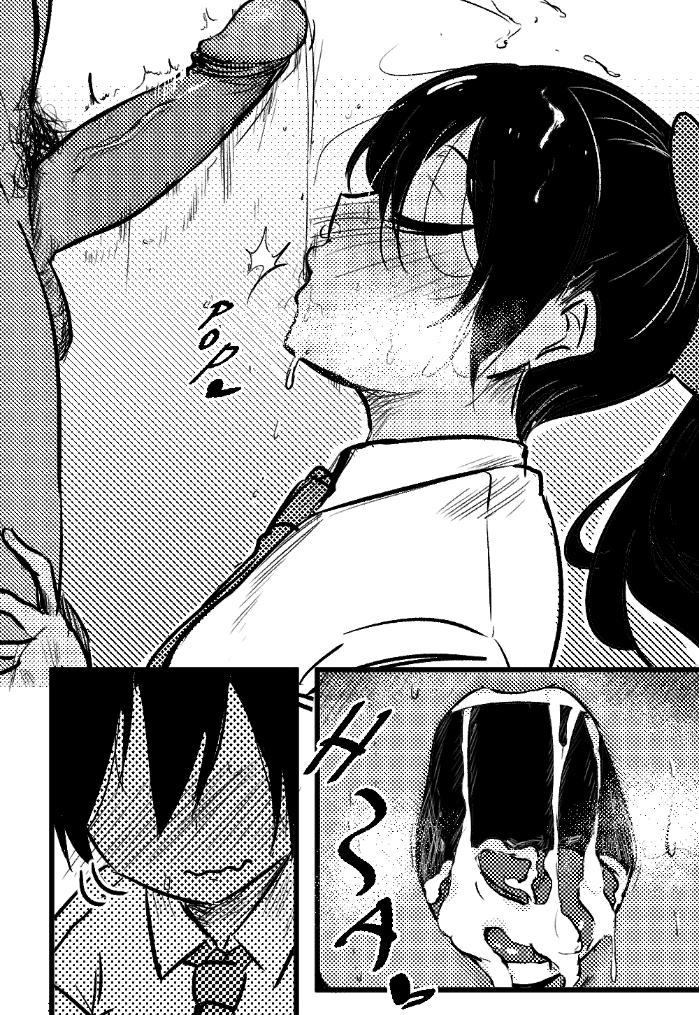 1girls, after deepthroat, after oral, black and white, black hair, blue eyes, bow, breasts, comic, cum, cum in mouth, cute, dark skin, dark-skinned female, dark-skinned male, female, fringe, gulp, male, monochrome, okpriko, open mouth, oral, original, petite, ponytail, school uniform, schoolgirl, small breasts, swallowing cum, teenager, thai, thai girl (okpriko), throat, tongue, tongue out