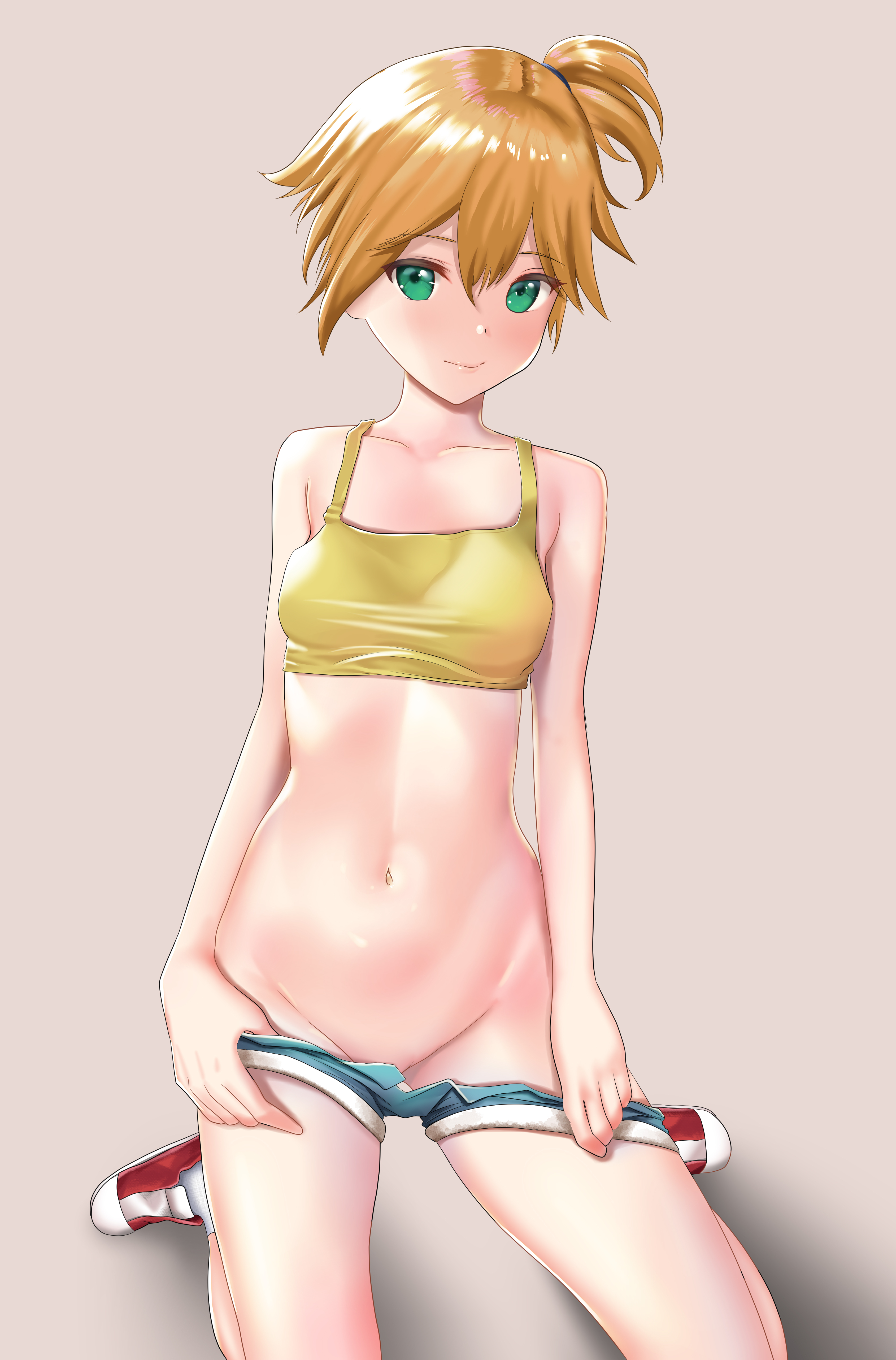 1girls, areolae, armpits, bare shoulders, bedroom eyes, belly, blush, breasts, clothes, cowboy shot, denim, denim shorts, eyebrows visible through hair, eyelashes, female, female only, green eyes, groin, hair between eyes, human, human only, kasumi (pokemon), knsei, midriff, misty (pokemon), navel, nintendo, nipples, no bra, no panties, orange hair, pants down, pokemon, pokemon rgby, seductive, shiny, shiny hair, shirt, shoes, short hair, short ponytail, short shorts, shorts, shorts pull, side ponytail, skinny, small breasts, solo, teenager, yellow shirt