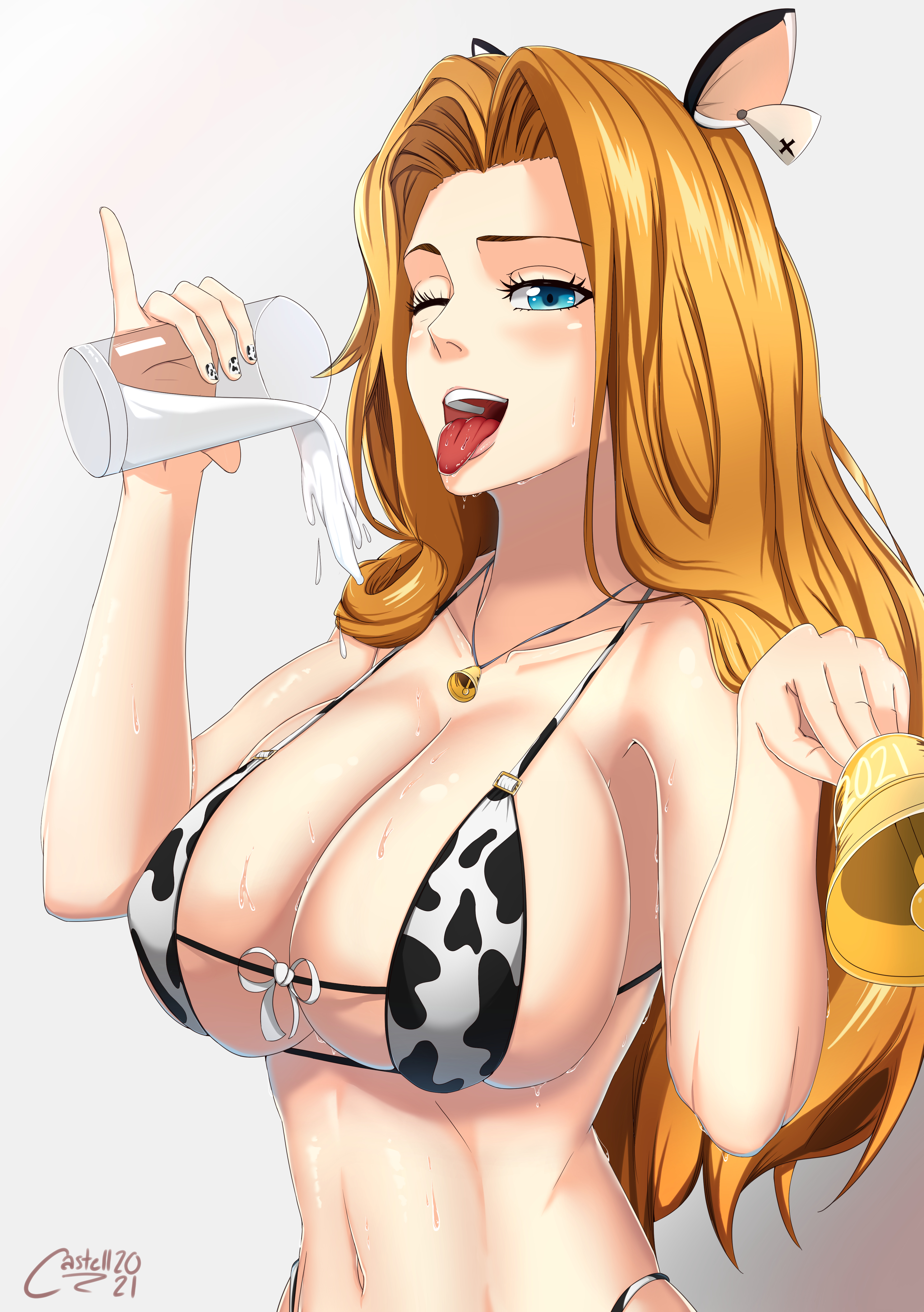 1girls, 2021, absurdres, animal ears, animal print, bell, bikini, bleach, blue eyes, breasts, castell, cleavage, cow ears, cow print, cup, dated, drink, fake animal ears, female, female only, front-tie bikini, glass, highres, holding object, huge breasts, light skin, light-skinned female, long hair, matsumoto rangiku, midriff, milk, navel, necklace, one eye closed, open mouth, orange hair, pouring, pouring on self, sexually suggestive, shiny, shiny hair, shiny skin, signature, simple background, solo, solo focus, swimsuit, tongue, tongue out, upper body