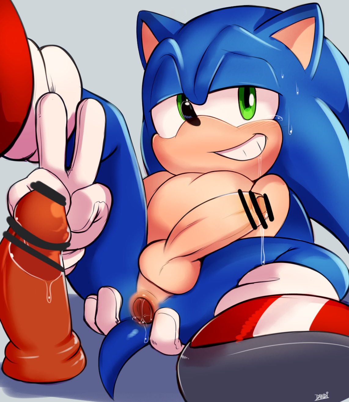 anthro, ass, bodily fluids, censored, dandi, dildo, eulipotyphlan, exposed torso, footwear, gay, gay male, handwear, hedgehog, hi res, humanoid, male, male only, mammal, sega, sex toy, solo, sonic (series), sonic the hedgehog, sonic the hedgehog (series), spread ass, spread butt, spreading, spreading ass, sweat, useless censoring, v, yaoi