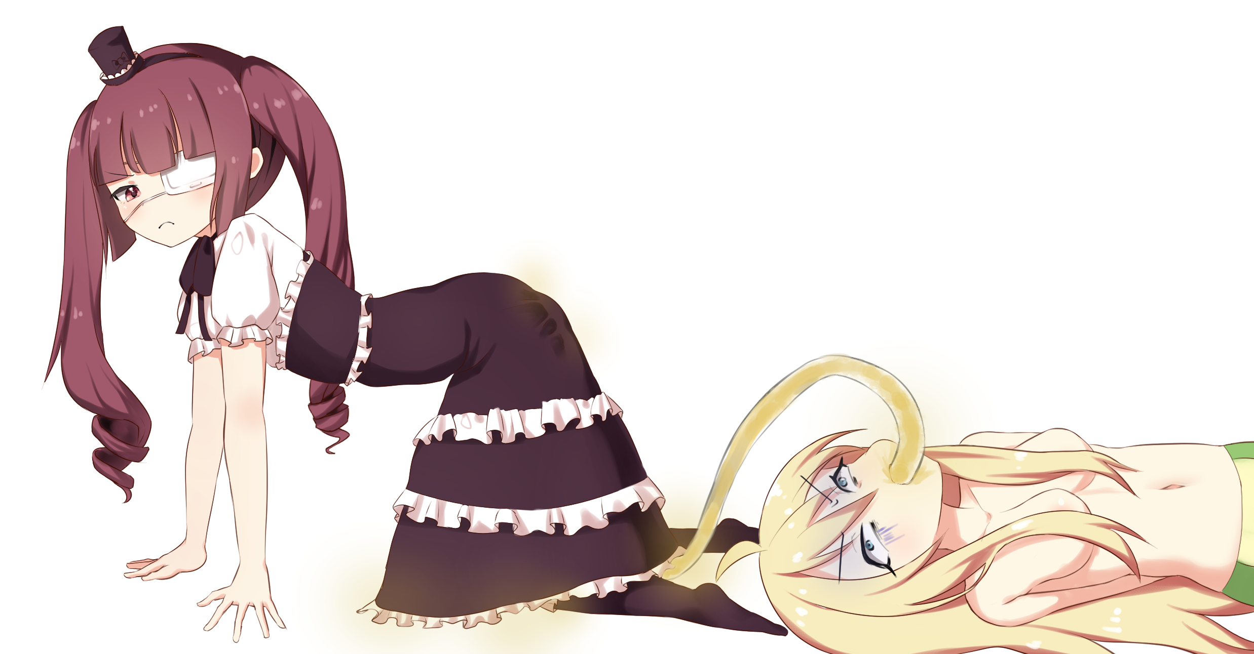 2girls, all fours, blonde hair, blue eyes, breasts, eye patch, eyepatch, fart, fart cloud, fart fetish, farting, female, hair covering breasts, hanazono yurine, jashin-chan, jashin-chan dropkick, looking back, multiple females, multiple girls, purple eyes, purple hair, ragi fart (artist), tube, twintails, yuri