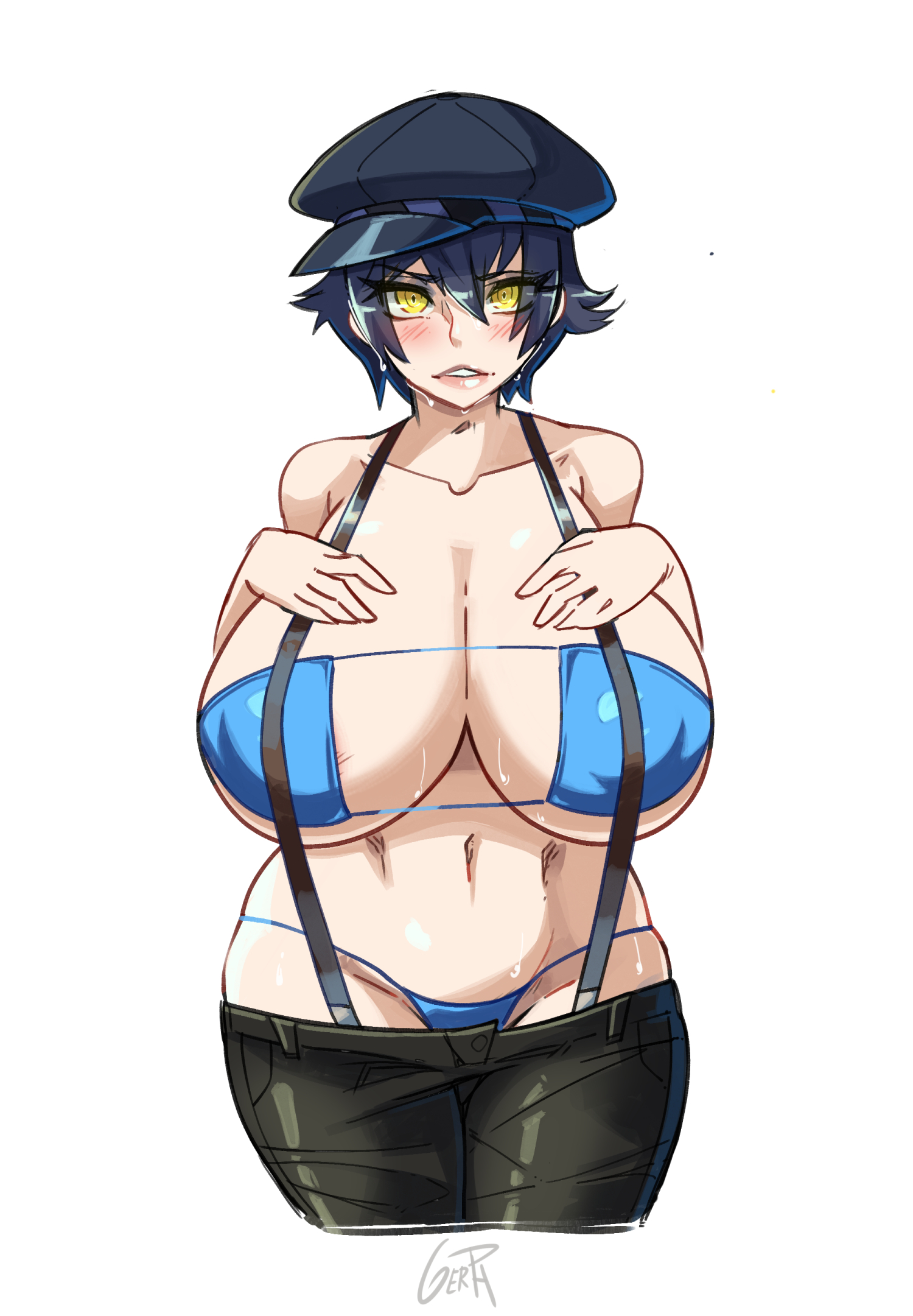 1girls, bikini, blush, breasts, cleavage, eyepatch bikini, female, female only, gerph, huge breasts, looking at viewer, persona, persona 4, shirogane naoto, solo, suspenders