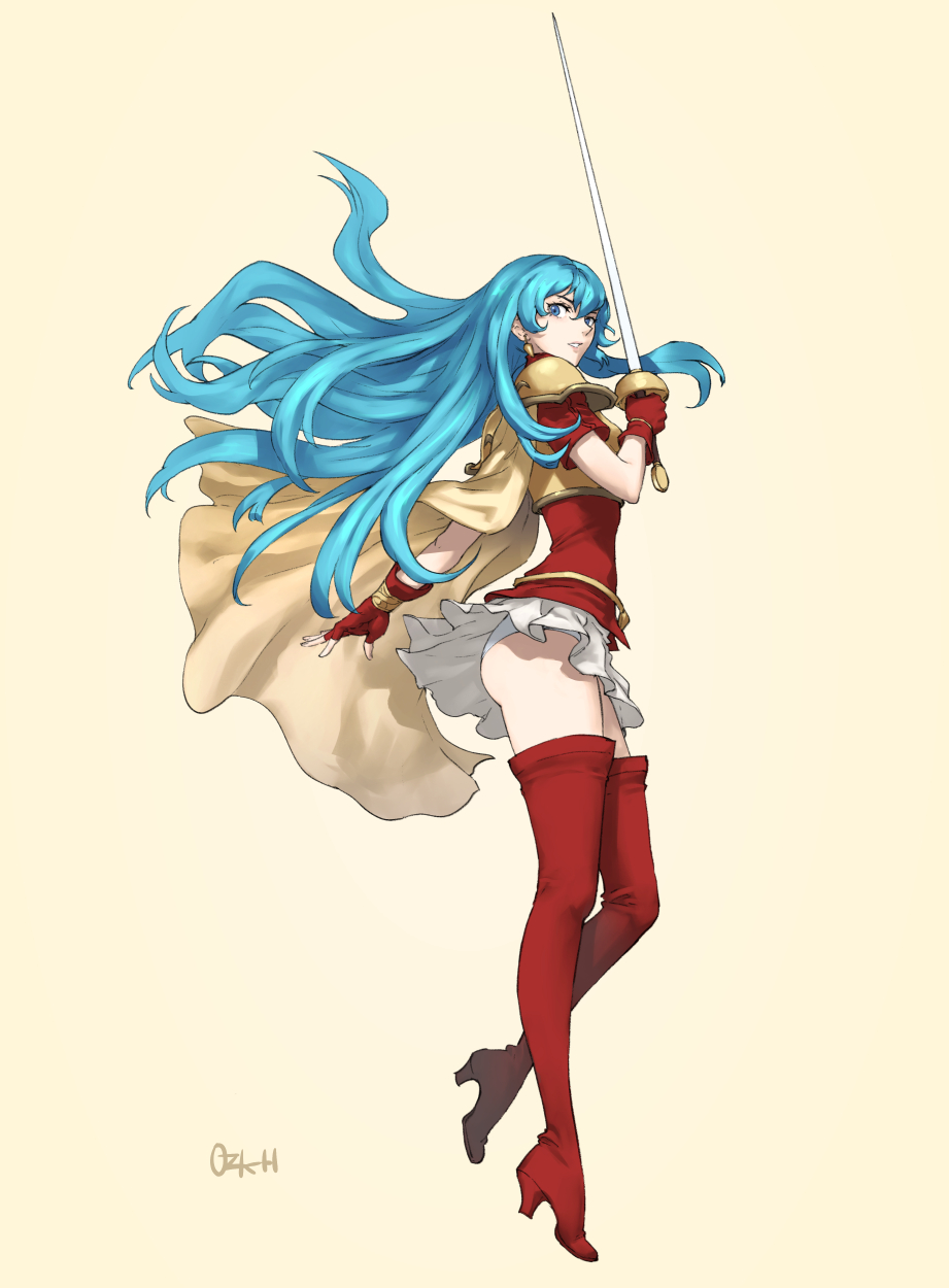 1girls aqua_hair armor ass blue_eyes blue_hair breastplate cape dress eirika_(fire_emblem) female fingerless_gloves fire_emblem fire_emblem:_the_sacred_stones from_below gloves highres long_hair looking_at_viewer miniskirt nintendo ozkh panties pantyshot red_gloves red_legwear short_dress sidelocks skirt solo thighhighs underwear upskirt weapon white_panties