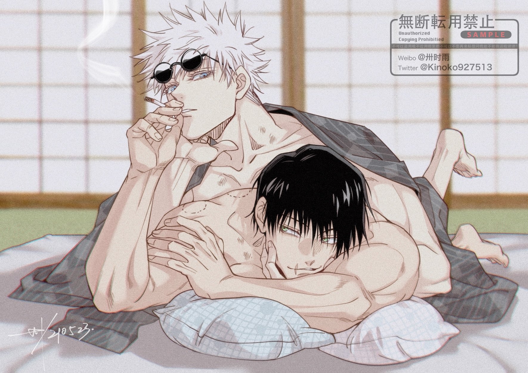 after sex, bed, bite mark, cigarette, cousins, dilf, eyewear on head, feet, gay, jujutsu kaisen, kinoko927513, male, male only, muscles, muscular, muscular male, nude, satoru gojo, smoking, sunglasses on head, toji fushiguro, yaoi