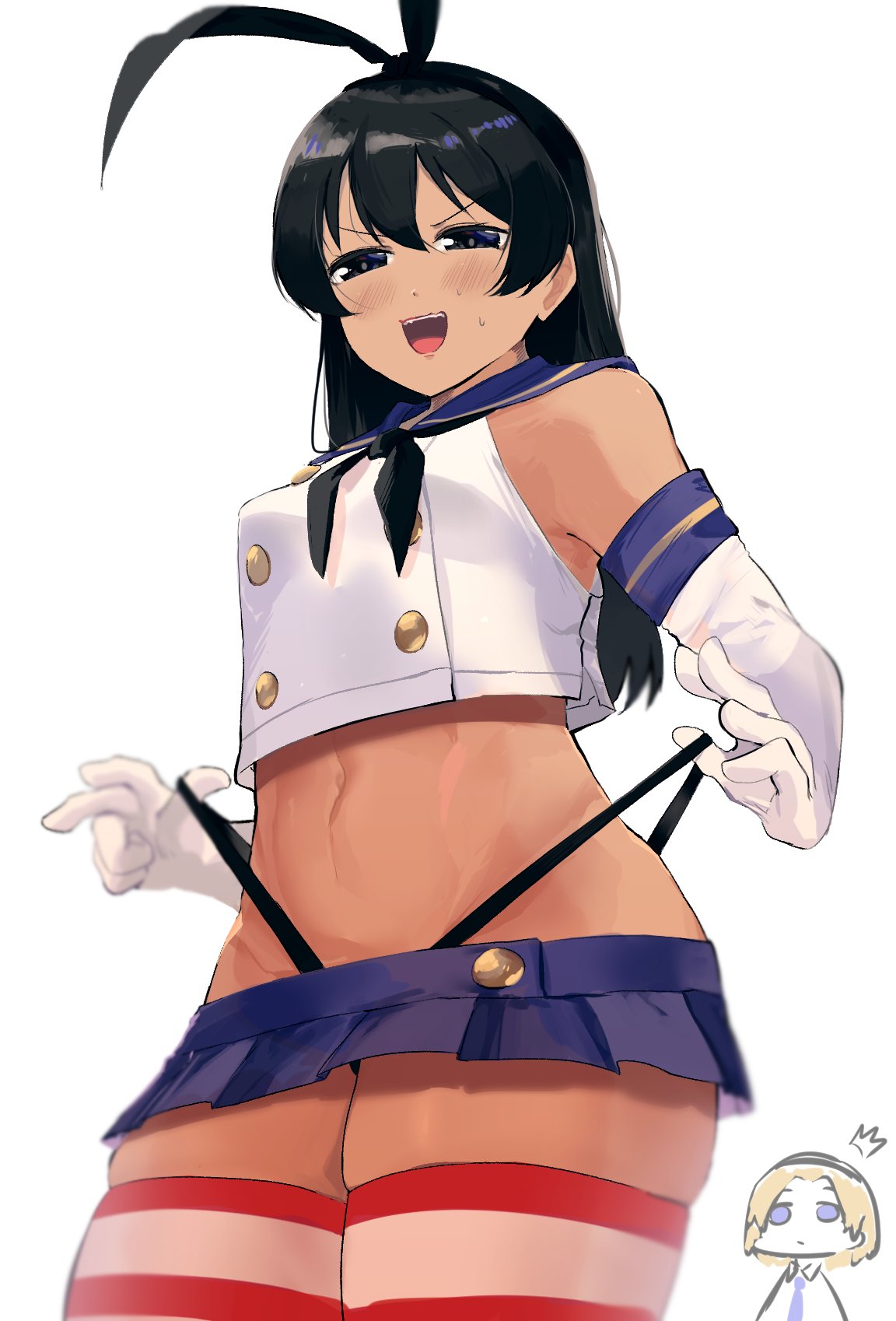 1girls, black hair, blonde girl (okpriko), blue eyes, bow, breasts, cute, dark skin, dark-skinned female, female, fringe, okpriko, original, petite, school uniform, schoolgirl, serafuku, shimakaze (kantai collection) (cosplay), small breasts, teenager, thai, thai girl (okpriko)
