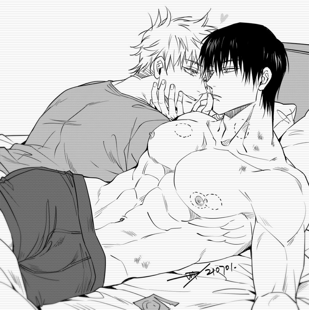 2boys, bite mark, bulge, gay, jujutsu kaisen, kinoko927513, male, male only, male/male, morning, muscles, muscular, muscular male, nipples, nude, satoru gojo, toji fushiguro