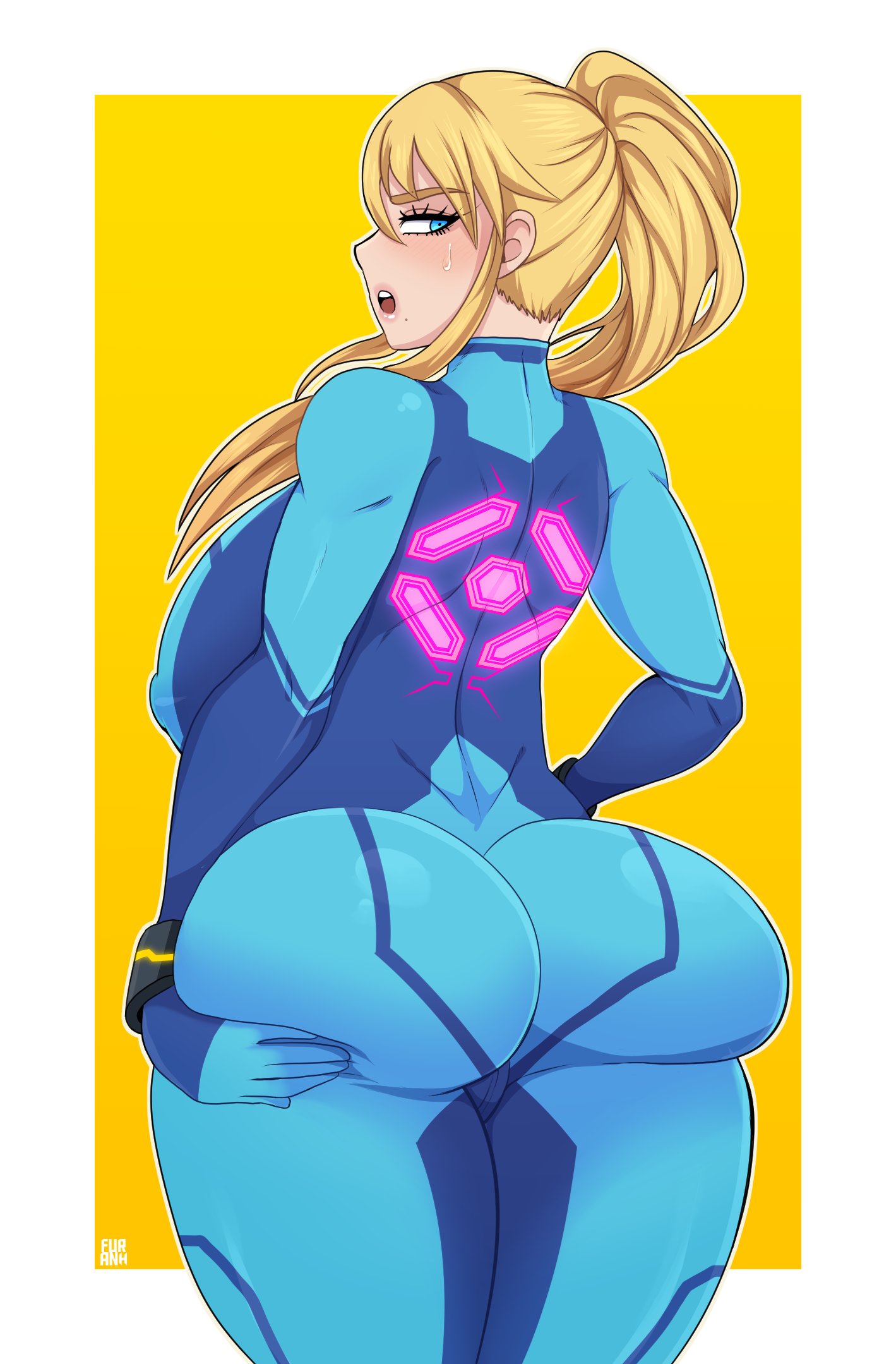 1girls, alternate breast size, ass, big ass, bimbo, breasts, female, female only, furanh, huge ass, huge breasts, looking at viewer, looking back, metroid, nintendo, samus aran, solo, thick thighs, thunder thighs, wide hips, zero suit samus