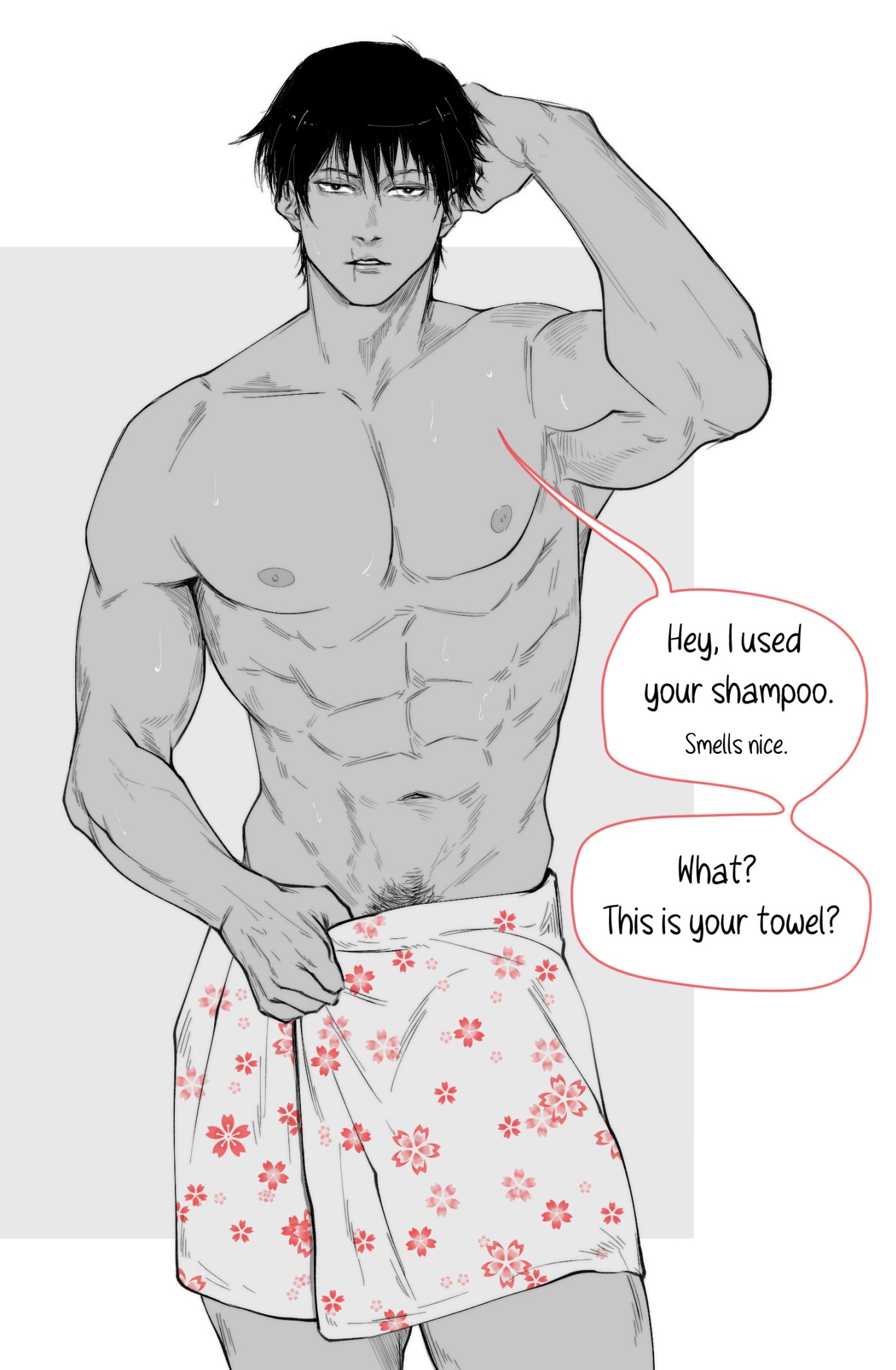 1boy, black hair, dilf, english text, jujutsu kaisen, looking at viewer, male, male only, muscles, muscular, muscular male, no visible genitalia, nude, shirtless, shower, solo, solo male, speech bubble, toji fushiguro, towel, towel around waist