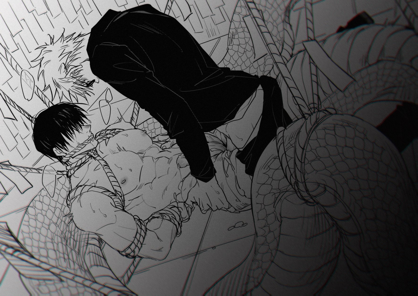 bondage, gag, gagged, gay, jujutsu kaisen, kinoko927513, male, male only, monochrome, muscular, muscular male, nipples, nude, satoru gojo, sex, snake, toji fushiguro, yaoi