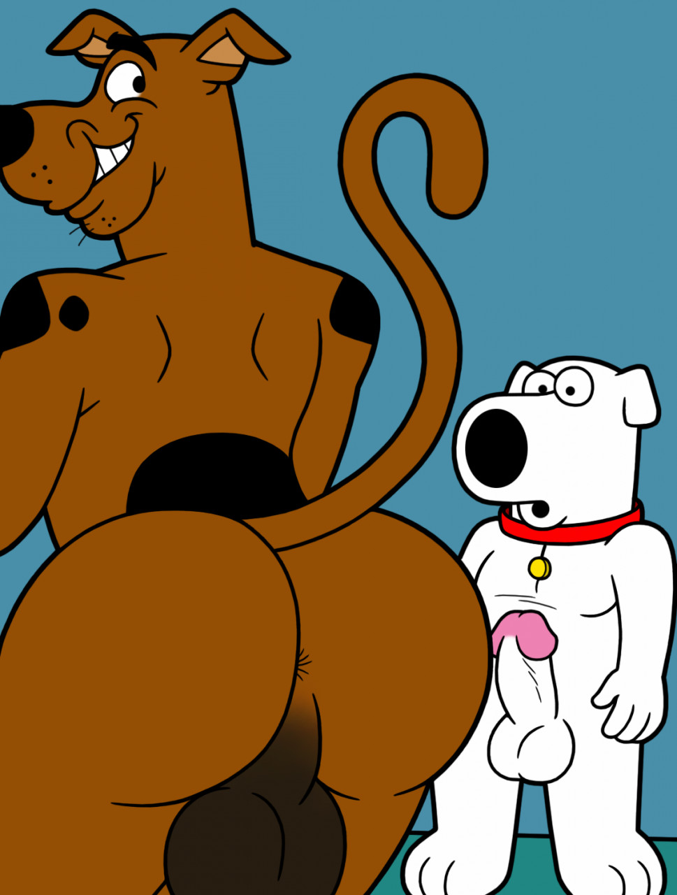 2boys anthro anthrofied anus ass backsack balls big_balls big_butt brian_griffin brown_fur canid canine canis collar domestic_dog duo erection family_guy fur furry genitals hanna-barbera hi_res looking_back male male/male mammal penis red_collar scooby-doo scooby-doo_(character) smile surprised surprised_expression surprised_face tbfm teeth toony