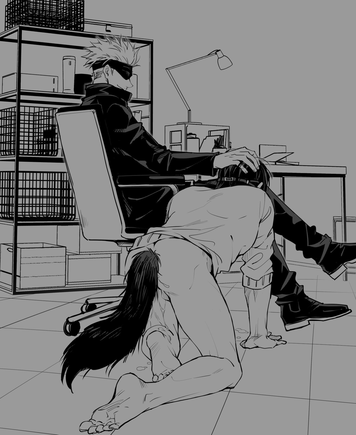 ass, buttplug tail, canine, domination, feet, gay, jujutsu kaisen, male, monochrome, muscles, muscular, petplay, satoru gojo, toji fushiguro, yaoi