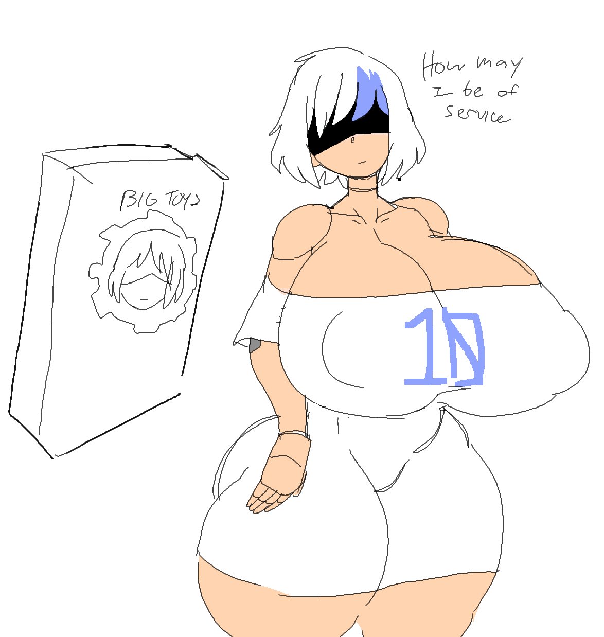 1girls, android, box, breasts, curvaceous, expressionless, female, female only, gigantic breasts, huge breasts, large breasts, lewdicrousart, nier: automata, robot, sex robot, tagme, white background, yorha 2b