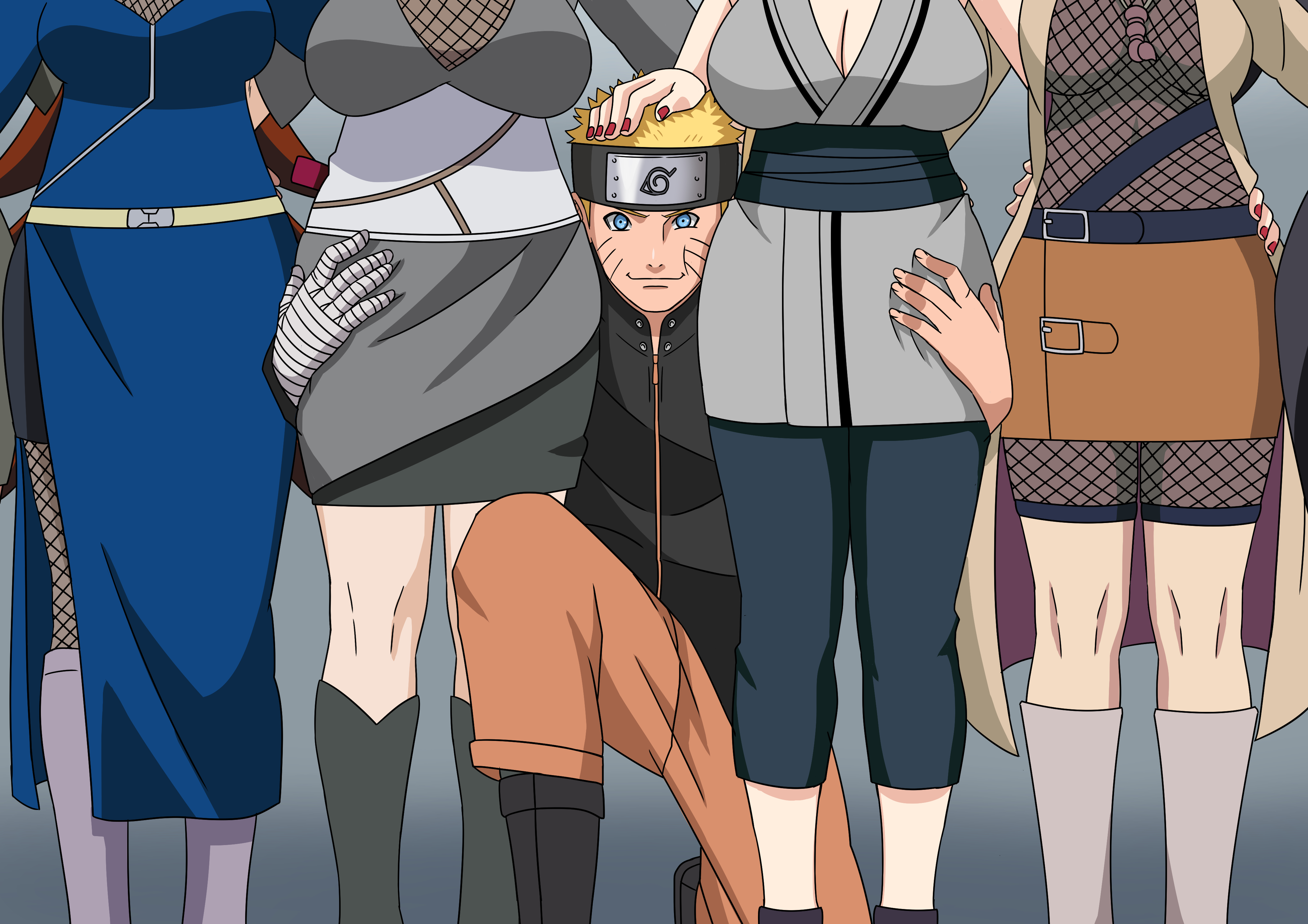 1boy, 6+girls, adult, age difference, bandaged arm, bandages, big breasts, blonde hair, breasts, brown hair, busty, coat, dress, dress shirt, faceless female, female, front view, harem, head out of frame, head pat, hourglass figure, jacket, kimono, kneeling, light skin, light-skinned female, light-skinned male, looking at viewer, mabui, male, mature, mature female, mei terumi, mitarashi anko, multiple females, multiple girls, naruto, naruto (series), naruto shippuden, naruto: the last, ninrubio, older female, on knees, pants, samui, shizune, short hair, short kimono, skirt, standing, take your pick, teenager, trenchcoat, tsunade, uzumaki naruto, very long hair, voluptuous, waist grab, yellow hair, younger male