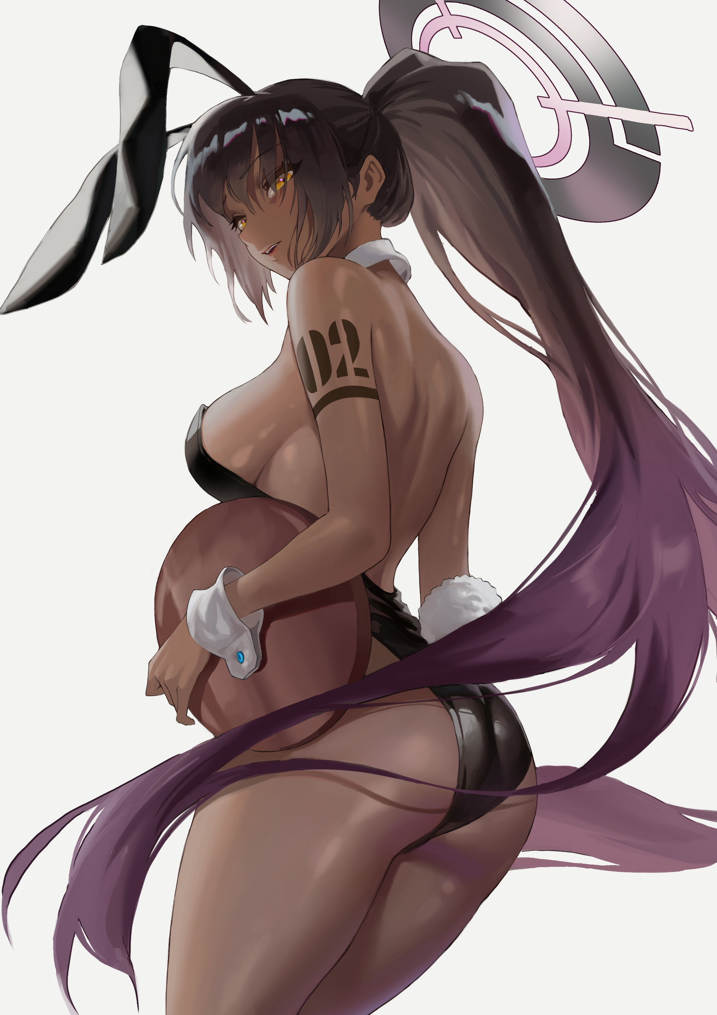 1girls, 2021, absurdres, animal ears, ass, bare back, bare shoulders, black hair, black leotard, blue archive, breasts, dark skin, dark-skinned female, female, female focus, female only, from behind, halo, highres, jinbin825, karin (blue archive), karin (bunny) (blue archive), leotard, looking at viewer, looking back, millennium science school student, playboy bunny, ponytail, rabbit ears, rabbit tail, shoulder tattoo, sideboob, skindentation, sleeve cuffs, solo, solo female, tail, tattoo, thighs