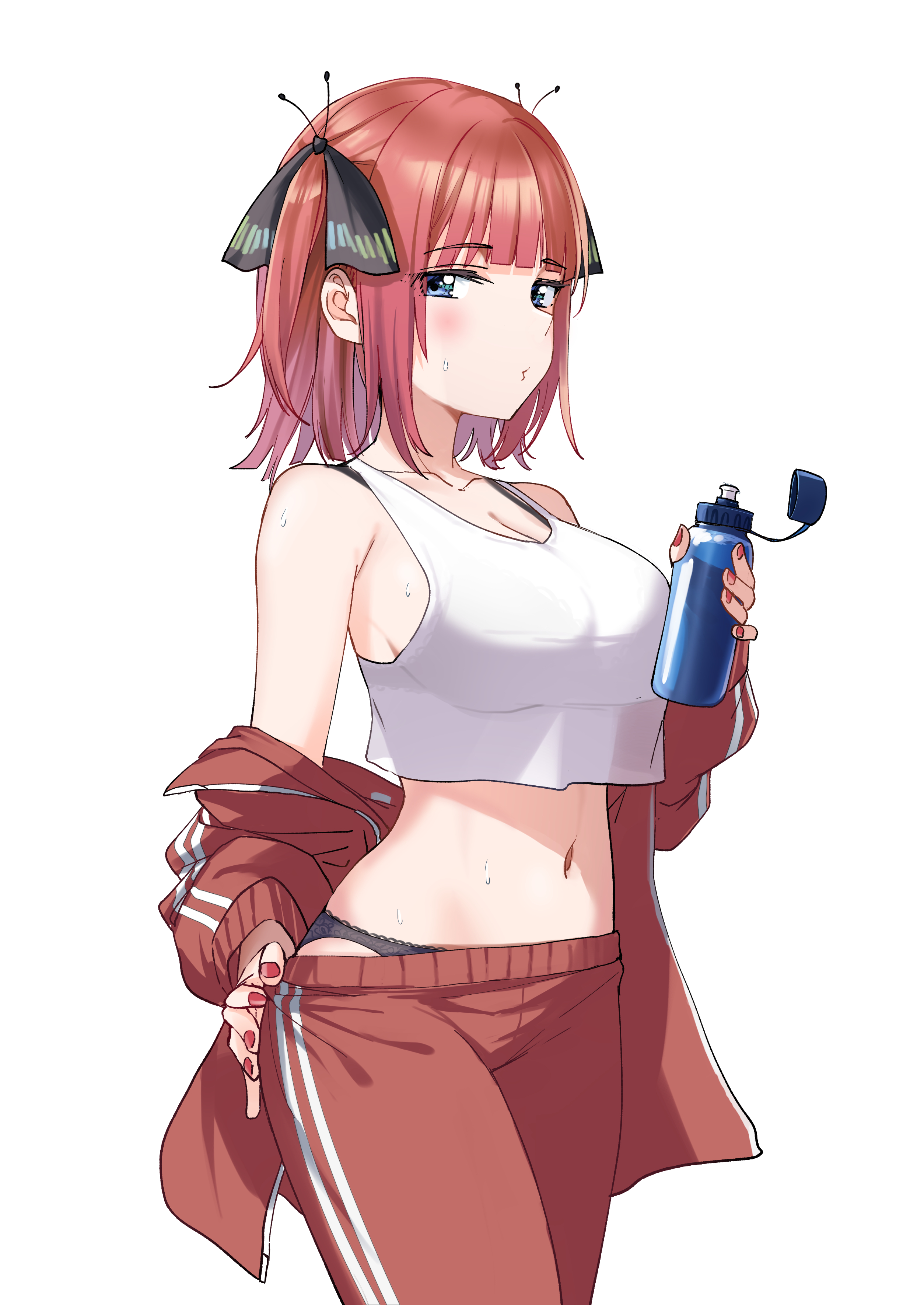 1girls, absurdres, armpit crease, artist request, bare shoulders, black panties, blue eyes, bottle, bra strap, breasts, cleavage, collarbone, crop top, crop top overhang, female, go-toubun no hanayome, hair ornament, highres, holding, jacket, large breasts, looking at viewer, midriff, nakano nino, navel, off shoulder, panties, pants, red hair, shirt, short hair, sidelocks, simple background, sleeveless, sleeveless shirt, solo, standing, stomach, sweatdrop, tank top, track jacket, track pants, two side up, underwear, water bottle, white background, white shirt