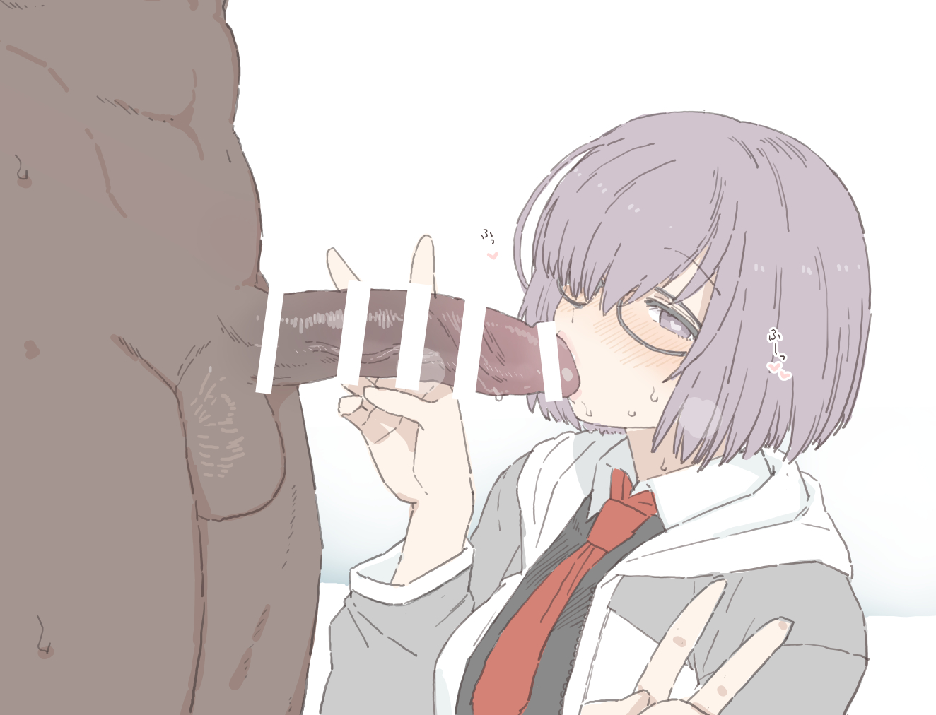 1boy, balls, bangs, big breasts, big penis, big penis adoration, black-framed eyewear, blush, breasts, censor bar, censored, clothed female nude male, clothing, dark skin, dark-skinned male, erection, fate (series), fate/grand order, fellatio, female, hair over one eye, heart, heart-shaped pupils, interracial, large breasts, large penis, lavender hair, long sleeves, looking at viewer, male, mash kyrielight, megane, mo (kireinamo), muscles, necktie, nerd, nude, nude male, oral, penis, short hair, size queen, straight, sweat, symbol-shaped pupils, testicles