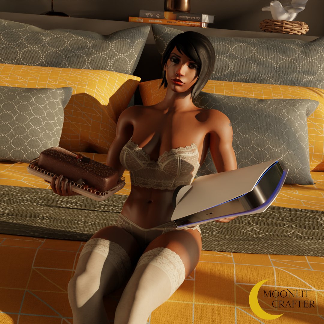 1girls 3d blender blizzard_entertainment cake dark-skinned_female female female_only imminent_gaming lingerie looking_at_viewer moonlit_crafter overwatch overwatch_2 pharah picket_fences_(series) playstation playstation_5 solo underwear