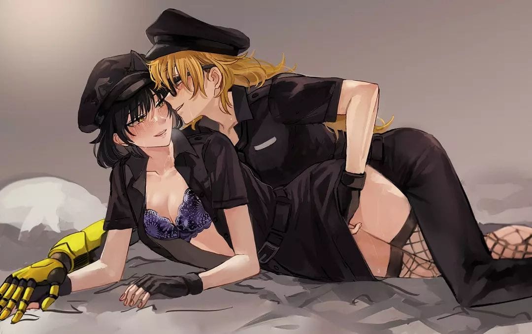 2girls black_hair blake_belladonna blonde_hair canon_couple cosplay fingerless_gloves kimosugimasu naizo_(kimosugimasu) open_shirt police_uniform prosthetic prosthetic_arm rwby sunglasses tinted_eyewear yang_xiao_long yuri