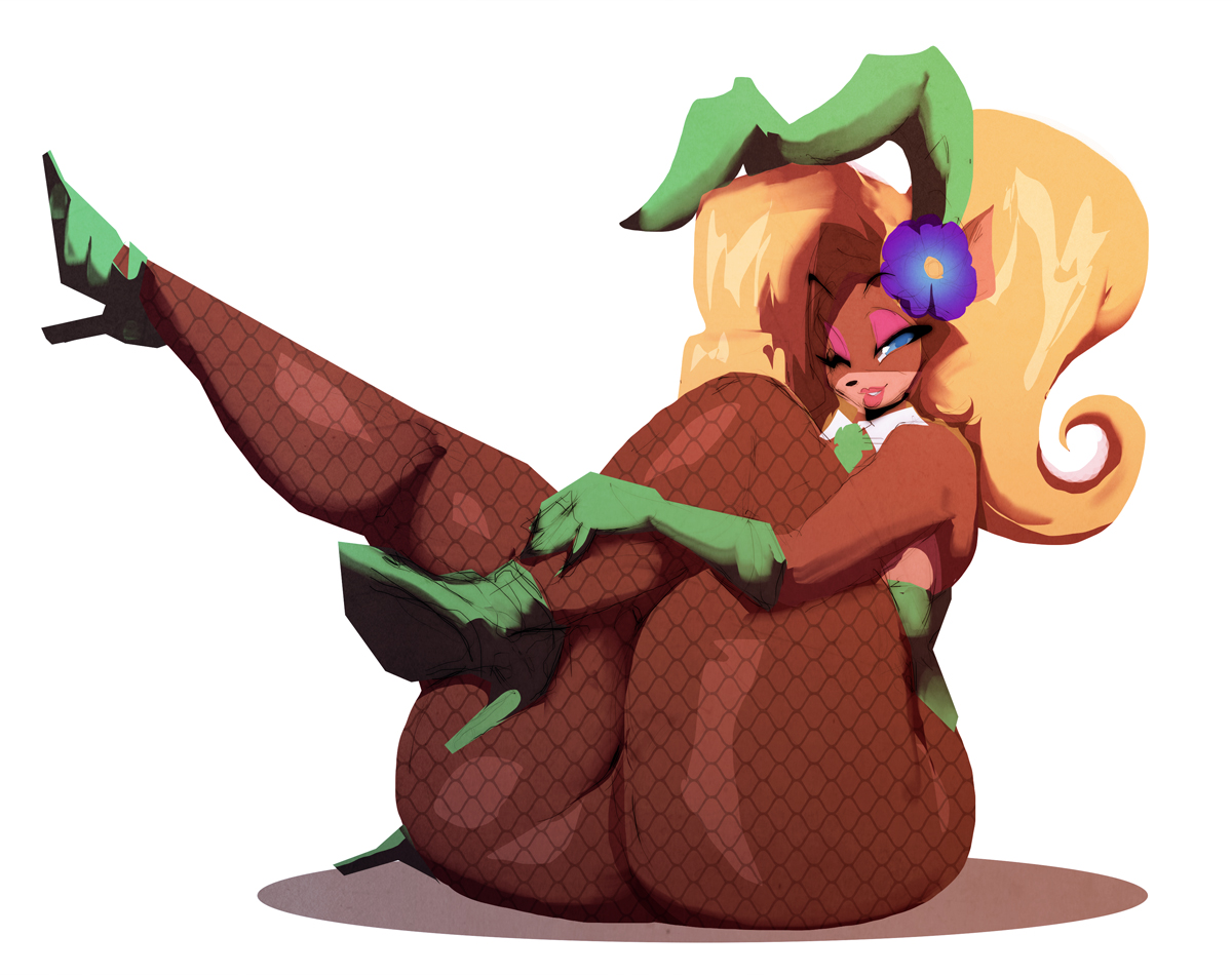 1girls, anthro, ass, bunny ears, bunnysuit, coco bandicoot, crash (series), female, fishnets, fur, furry, huge ass, huge thighs, makeup, pink eyeshadow, riendonut, solo, thick thighs, tights