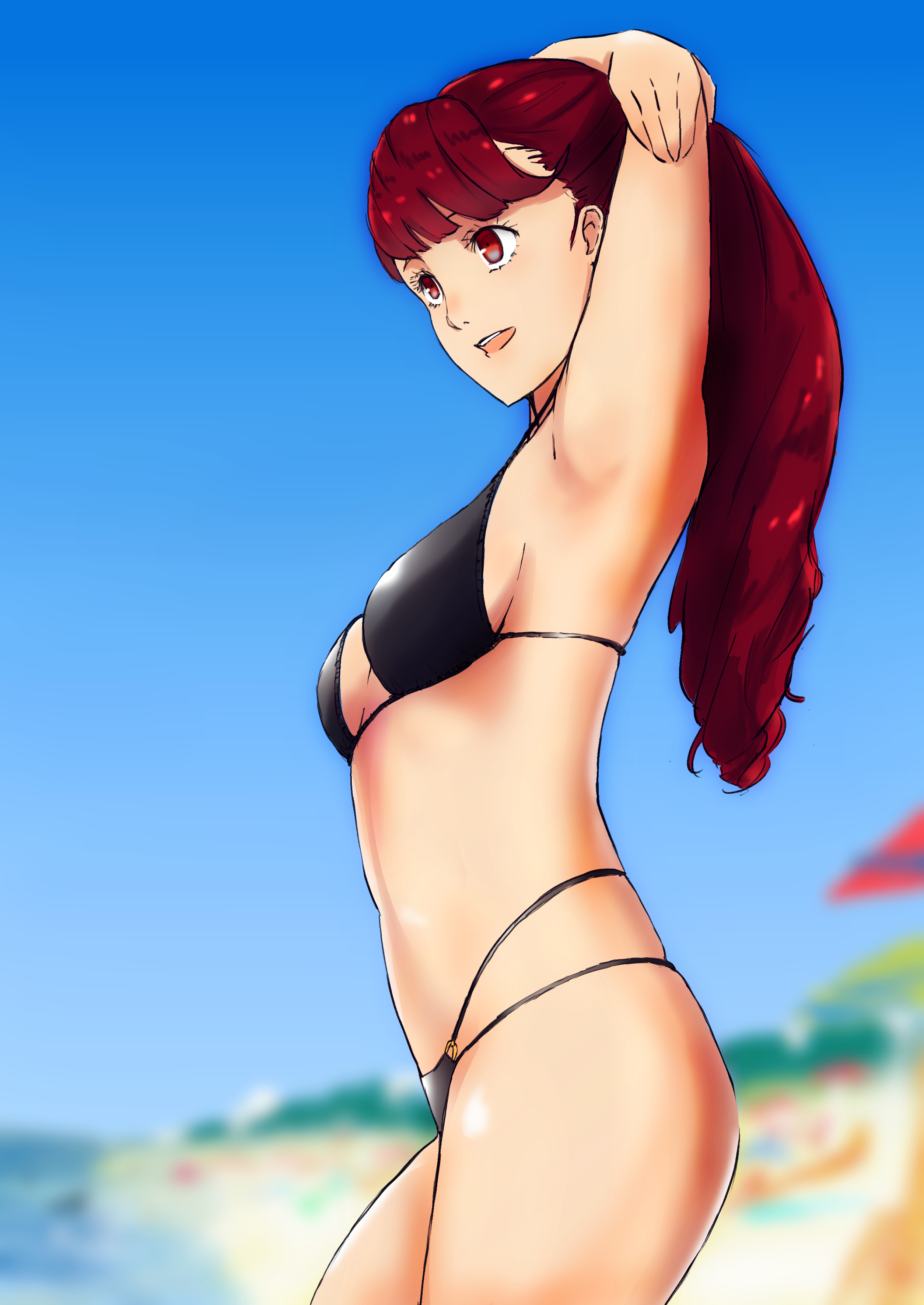 alternate costume, atlus, breasts, chanmiu, female, kasumi yoshizawa, outdoors, outside, persona, persona 5, solo, sumire yoshizawa, swimsuit, tagme