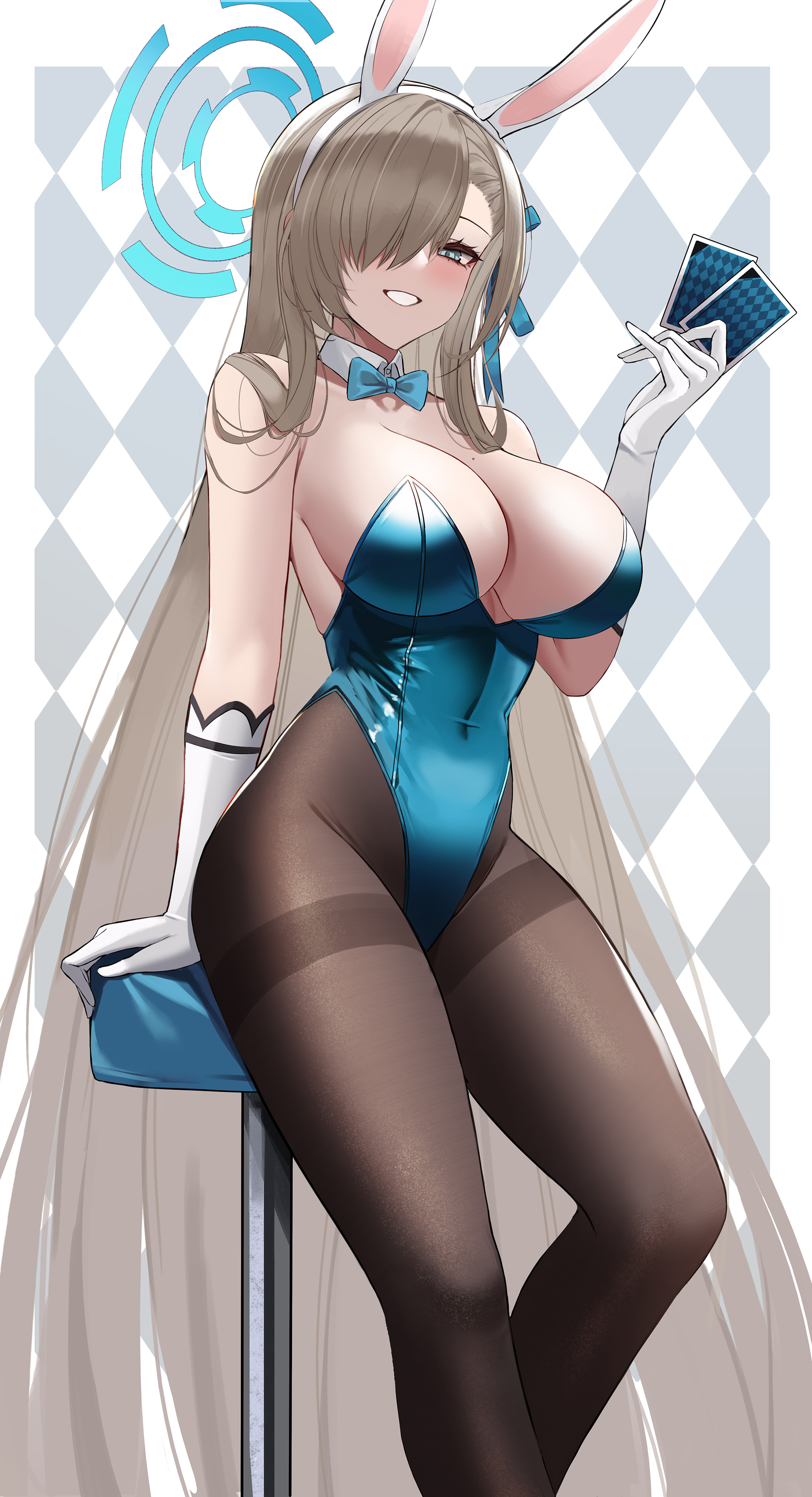 1girls, absurdres, animal ears, asuna (blue archive), asuna (bunny) (blue archive), bangs, blue archive, blue bowtie, blue eyes, blue leotard, blue ribbon, blush, bowtie, breasts, brown legwear, detached collar, eternity (shadeh), fake animal ears, female, gloves, hair over one eye, hair ribbon, hairband, hand up, highres, large breasts, leotard, light brown hair, long hair, looking at viewer, millennium science school student, mole, mole on breast, pantyhose, rabbit ears, ribbon, sitting, smile, solo, strapless leotard, very long hair, white gloves, white hairband