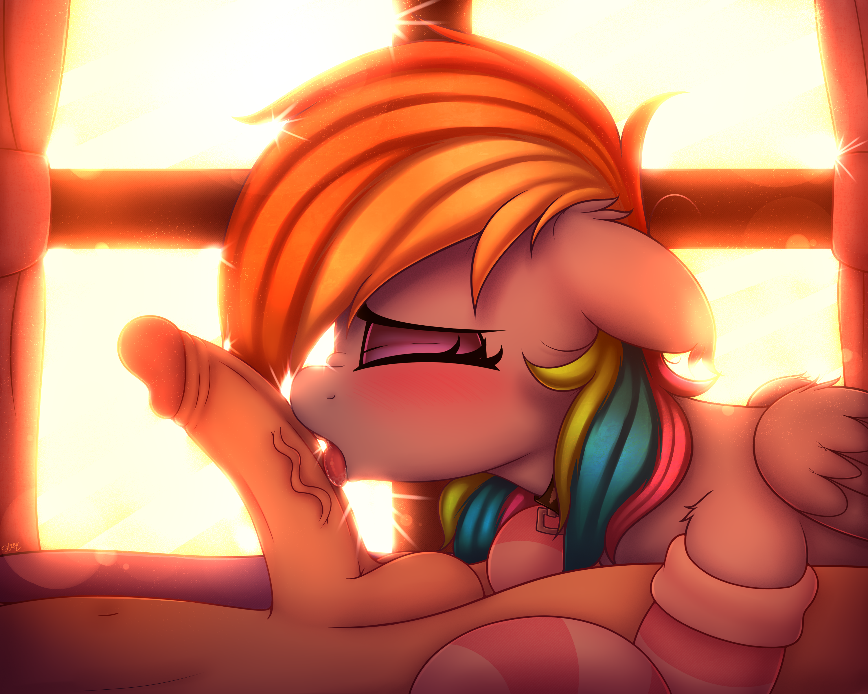 2021, 5:4, absurd res, balls, closed eyes, clothing, digital media (artwork), duo, equid, equine, eyelashes, faceless male, fellatio, fellatio from feral, female, feral, friendship is magic, genitals, hasbro, heavymetalbronyyeah, hi res, human, human on feral, humanoid genitalia, humanoid penis, interspecies, licking, male, male human/female feral, male on feral, mammal, my little pony, mythological creature, mythological equine, mythology, oral, pattern clothing, pegasus, penile, penis, penis lick, rainbow dash (mlp), sex, solo focus, striped clothing, stripes, tongue, tongue out, wings, zoophilia
