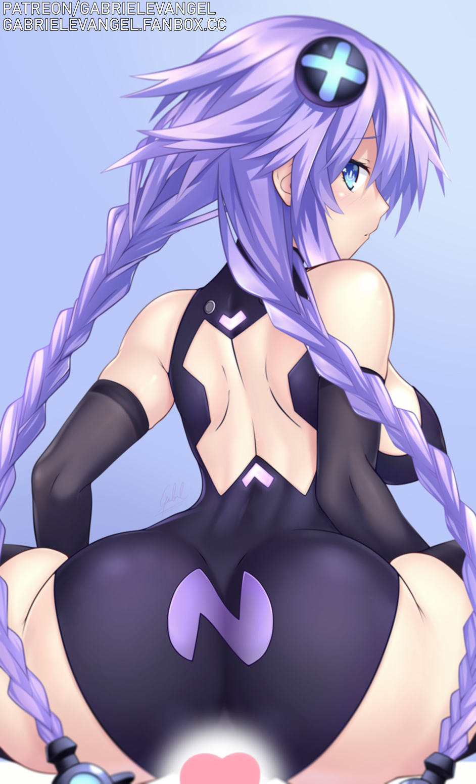 alternate_outfit artist_name big_ass blush bodysuit gabriel_grayford heart_censor large_breasts looking_at_viewer looking_back neptune_(neptunia) neptunia_(series) power_symbol-shaped_pupils purple_hair purple_heart_(neptunia) squatting straight wholesome