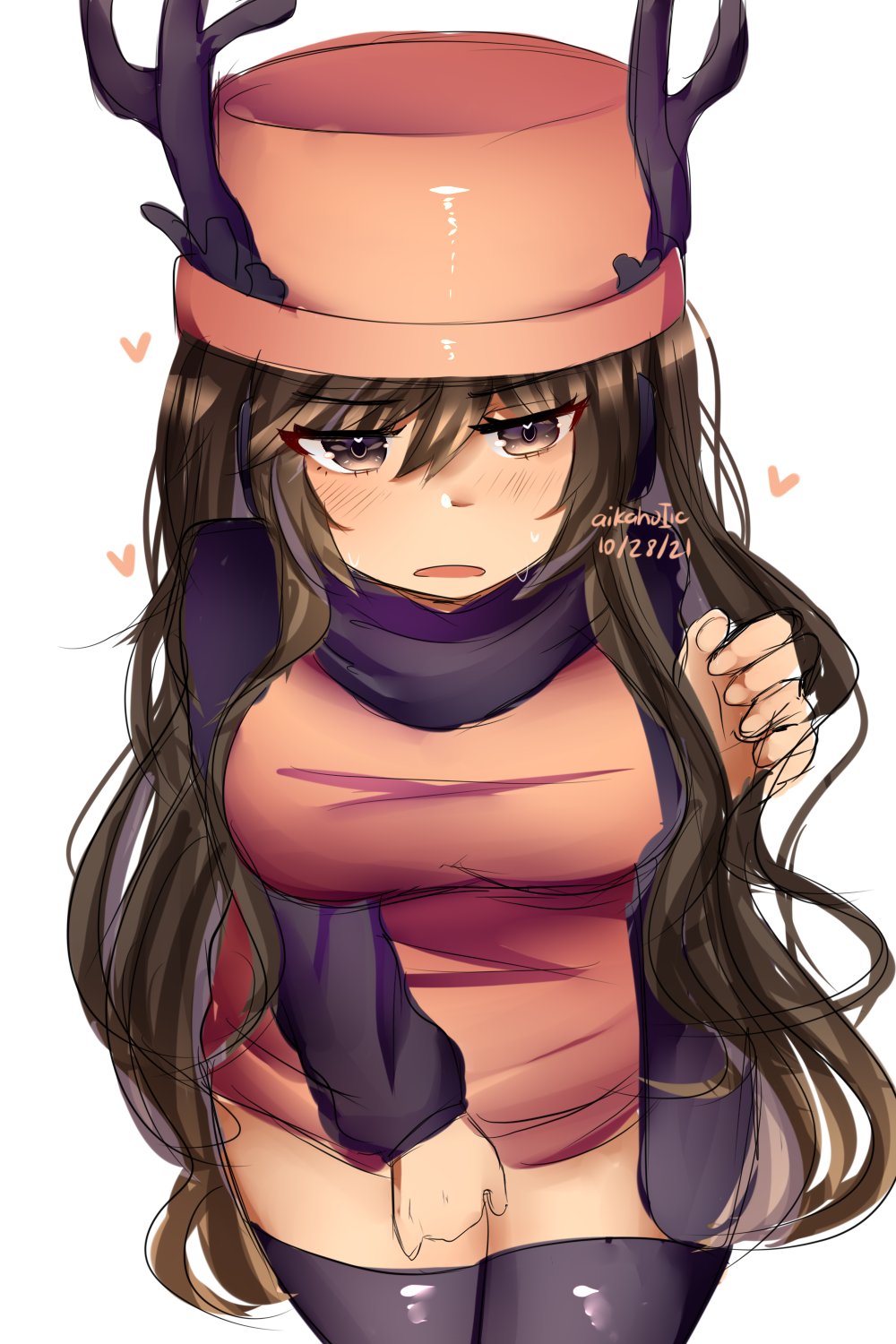 1girls, aikaholic, artist name, big breasts, blush, blushing, breasts, brown eyes, brown hair, busty, character request, clothed female, clothing, cute, dated, duftea, eyebrows visible through hair, eyes visible through hair, fake horns, female, female only, friday night funkin, funky friday, genderswap, genderswap (mtf), hat, heart, hearts, horns, human, humanoid, legwear, light skin, light-skinned female, long hair, long sleeves, mouth open, open mouth, roblox, roblox avatar, robloxian, rule 63, simple background, solid color background, solo, solo focus, stockings, sweat, sweating, tagme, thighhighs, white background, youtube, youtuber