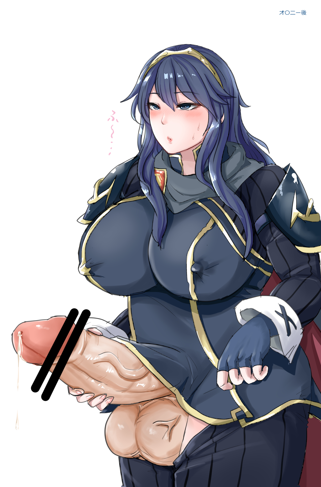 1futa, ahyo apostle, balls, blue eyes, blue hair, breasts, censored, clothed, clothing, covered nipples, curvy, erection, fingerless gloves, fire emblem, fire emblem awakening, futa only, futanari, gloves, huge balls, huge breasts, huge cock, human, intersex, light skin, light-skinned futa, long hair, lucina (fire emblem), masturbation, mostly clothed, nintendo, pale skin, pantyhose, penis, precum, solo, standing, sweat, thick thighs, tiara, villiers hyunou, voluptuous