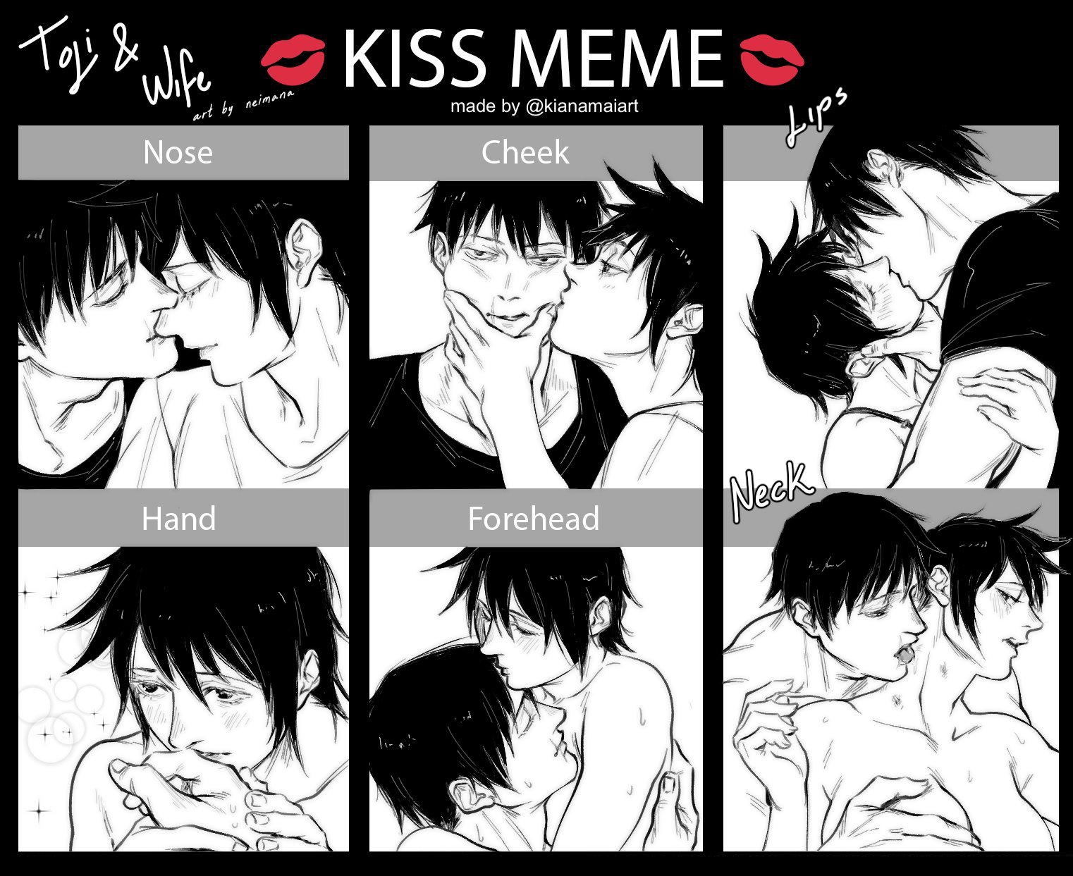 1boy, 1girls, bite, bite mark, breast grab, breasts, canon couple, female, husband and wife, jujutsu kaisen, kiss marks, kiss on cheek, kissing, licking, lips, male, male/female, mama fushiguro, married couple, meme, neck, neimana, nose, shirtless, straight, toji fushiguro, topless, topless female