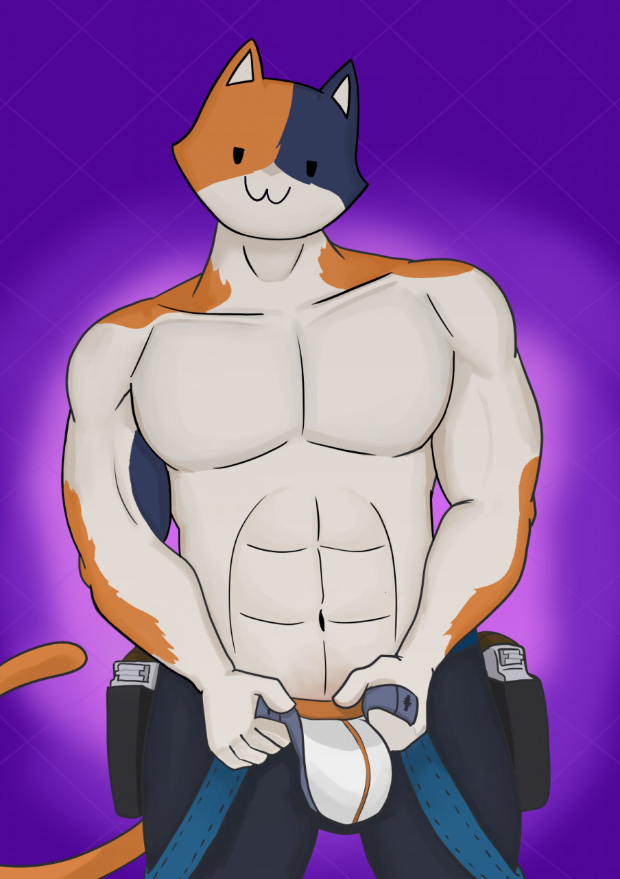 1boy 2021 abs anthro belt big_muscles bulge calico_cat clothing domestic_cat epic_games felid feline felis fortnite gun half-closed_eyes holster lewd_latte looking_at_viewer male male_only mammal meowscles_(fortnite) mottled muscular muscular_anthro muscular_male narrowed_eyes navel pecs piebald purple_background ranged_weapon solo striptease suspenders teasing topless underwear video_games weapon