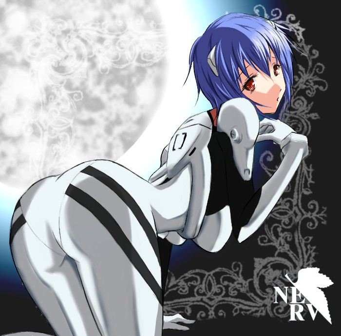 1girls artist_request ass blue_hair bodysuit breasts clothing female human large_breasts looking_at_viewer looking_back moon neon_genesis_evangelion nerv pale-skinned_female pale_skin pilot_suit plugsuit red_eyes rei_ayanami short_hair skin_tight solo solo_female tagme