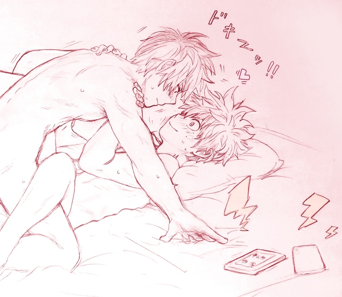2boys, back, bed, blush, cellphone, izuku midoriya, male, multiple boys, multiple males, my hero academia, nervous smile, nude, on bed, phone, sex, shocked eyes, shouto todoroki, surprised, tododeku, yaoi