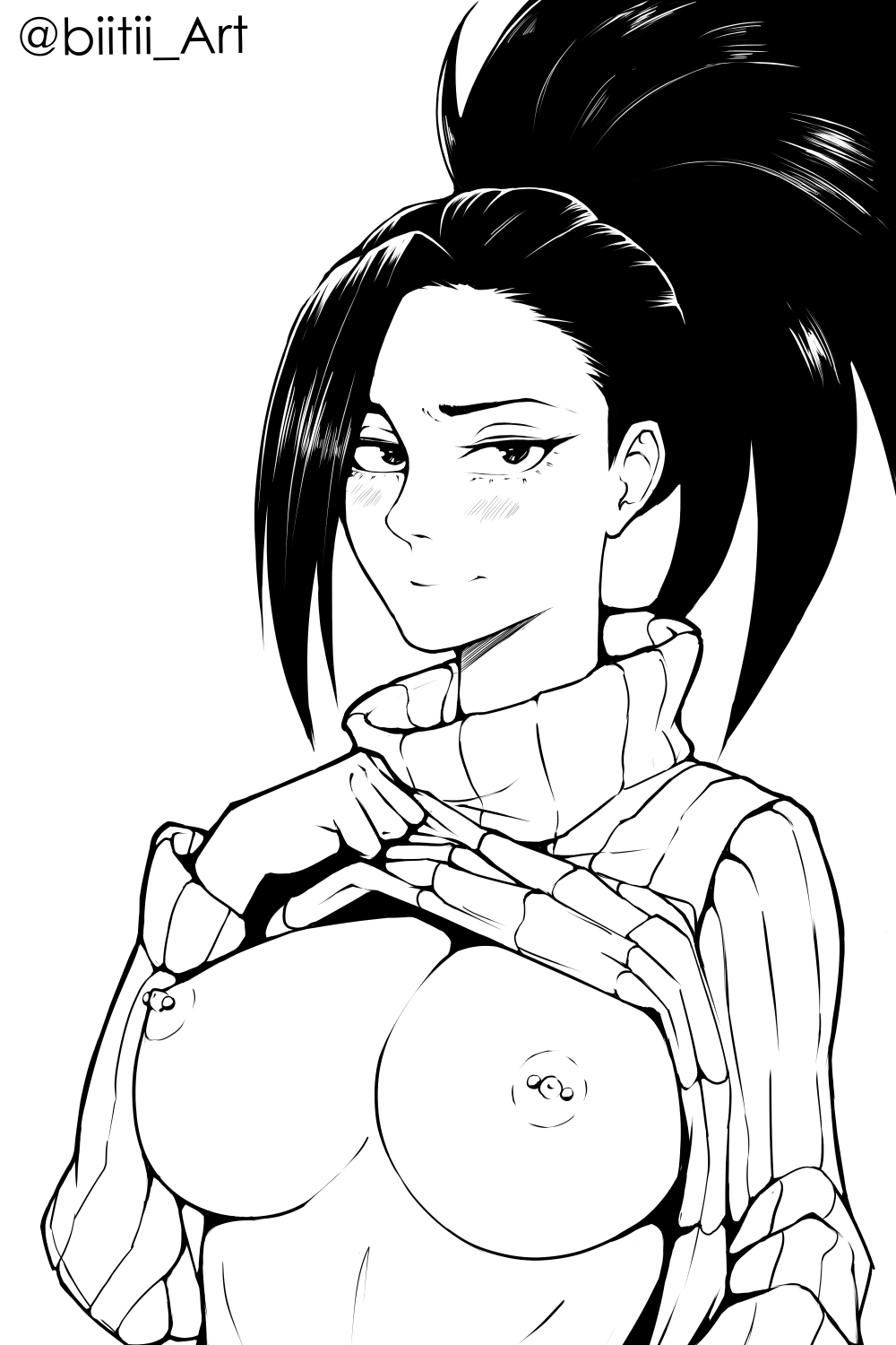 big_breasts biitii_art black_hair breasts female_only flashing flashing_breasts looking_at_viewer momo_yaoyorozu monochrome my_hero_academia nipple_piercing nipples presenting_breasts solo sweater sweater_lift