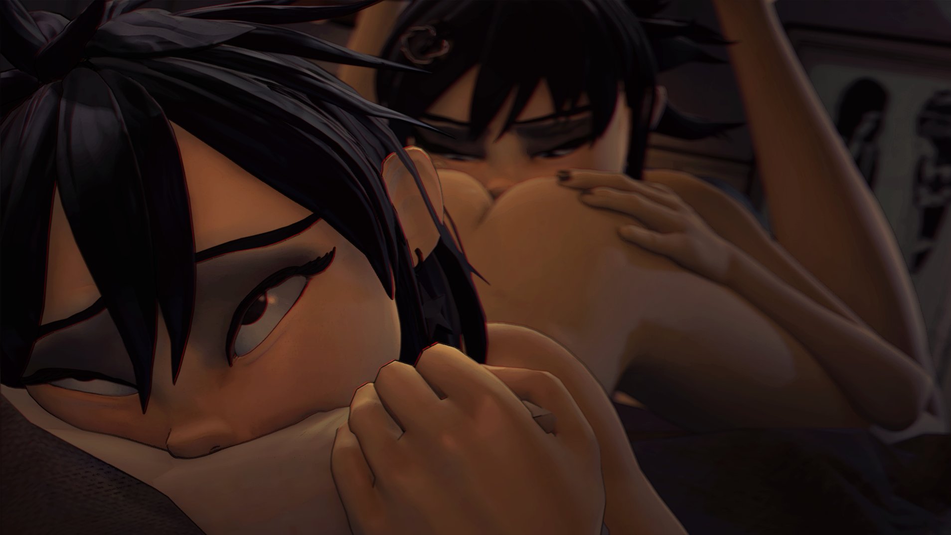 2021, 2girls, 3d, asian, asian female, ass, big ass, black eyes, black hair, cunnilingus, cyborg, cyborg noodle, duo, earrings, eyelashes, eyes rolling back, eyeshadow, female, female only, froggysfm, from behind, gorillaz, hands on ass, hi res, legs up, licking anus, licking ass, licking pussy, looking pleasured, noodle (gorillaz), oral, pillow, pillow grab, pussy, selfcest, short hair, source filmmaker, yuri