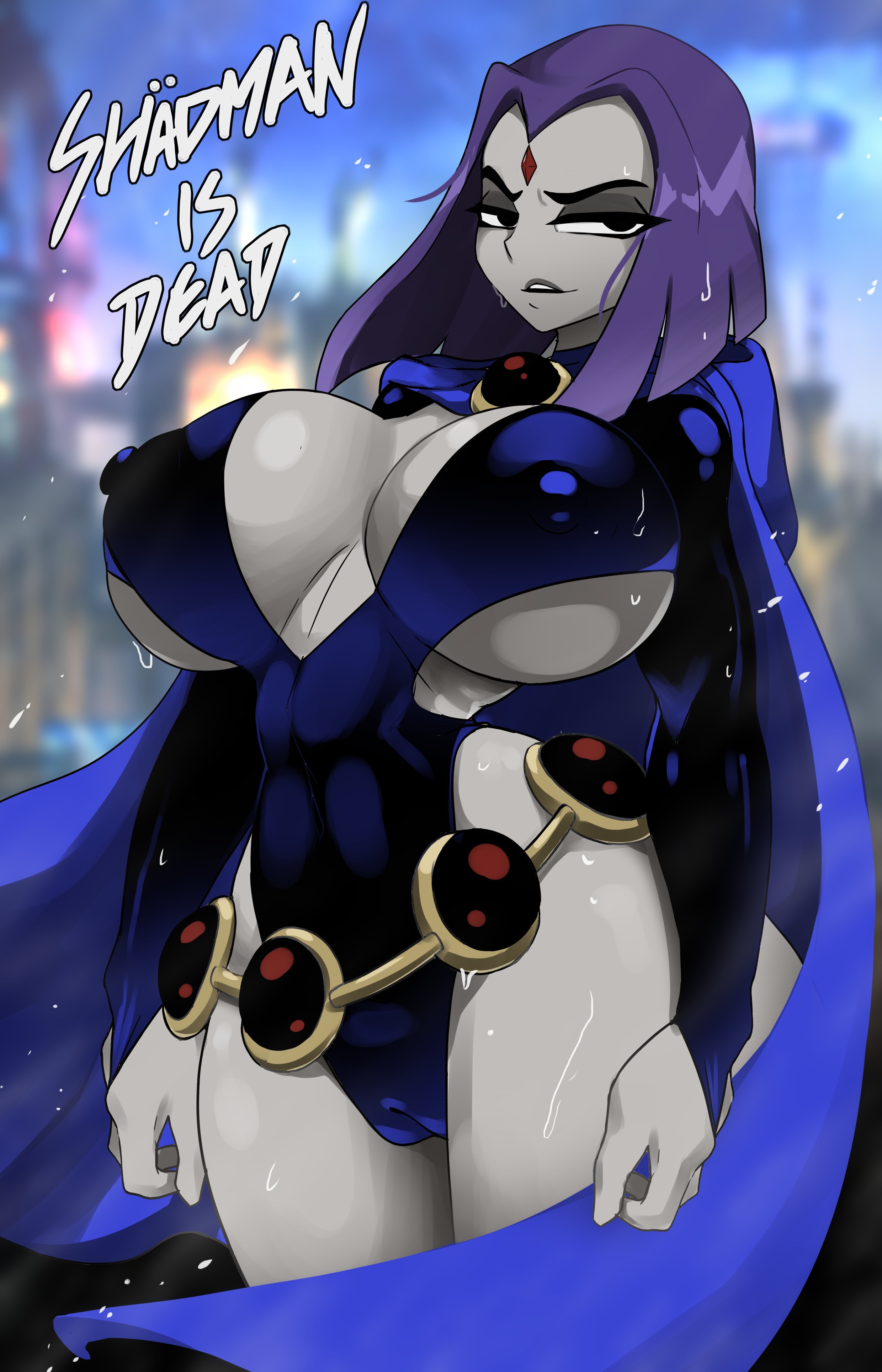 1girls, 2021, alternate breast size, ashraely, belt, big breasts, black leotard, breasts, cameltoe, cape, cleavage, cloak, clothed, clothed female, clothing, dc, dc comics, english text, erect nipples, female, female focus, female only, forehead jewel, goth, gothic, grey skin, hi res, highleg leotard, huge breasts, human, large breasts, leotard, looking at viewer, naughty face, nipples, nipples visible through clothing, outdoors, outerwear, pale skin, puffy nipples, purple eyes, purple hair, pussy, rachel roth, raven (dc), short hair, smooth skin, suggestive look, superheroine, teen titans, text, thick thighs, thighs, top heavy, wet, wet body, wide hips