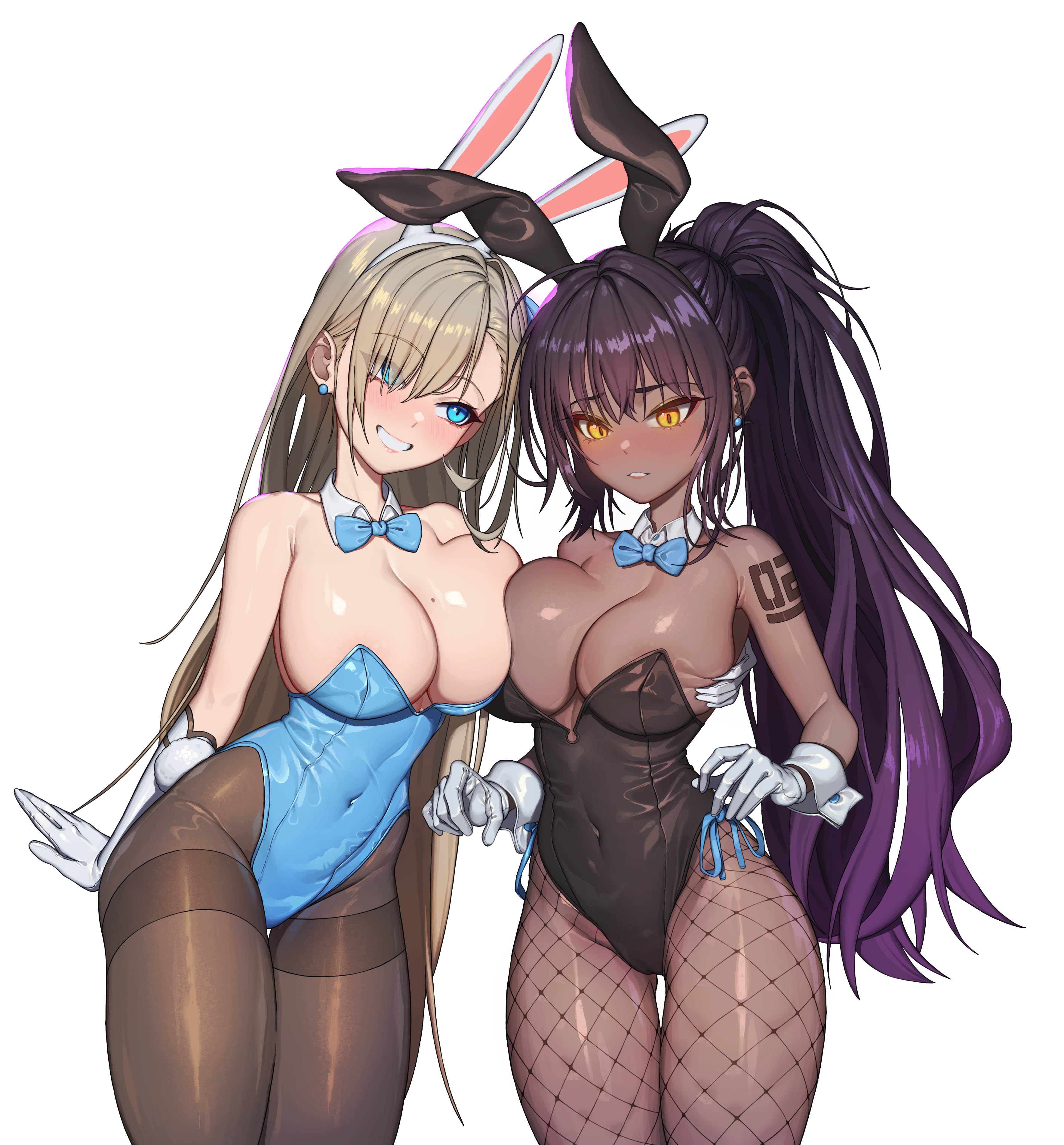 2girls, absurdres, areola slip, ass visible through thighs, asuna (blue archive), asuna (bunny) (blue archive), asymmetrical docking, bangs, bare shoulders, blue archive, blue eyes, blue neckwear, breast grab, breast press, breasts, brown hair, brown legwear, cleaning & clearing (blue archive), cleavage, clenched teeth, covered navel, dark skin, dark-skinned female, detached collar, duo, duo focus, earrings, eyebrows visible through hair, eyes visible through hair, female, female focus, female only, fishnet legwear, fishnets, gloves, grabbing, hair over one eye, hellk111, highres, jewelry, karin (blue archive), karin (bunny) (blue archive), large breasts, long hair, looking at another, looking down, millennium science school student, mole, mole on breast, multiple females, multiple girls, pantyhose, playboy bunny, ponytail, purple hair, simple background, smile, solid color background, teeth, thigh gap, thighs, white background, white gloves, yellow eyes, yuri