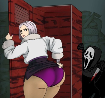 1boy 1boy1girl 1girls artist_request ass big_ass big_butt blood butt dead_by_daylight fat_ass female fur ghost_face knife large_ass locker looking_back lowres male male/female mask presenting presenting_hindquarters scream short_hair thick thick_ass thick_thighs white_hair yun-jin_lee