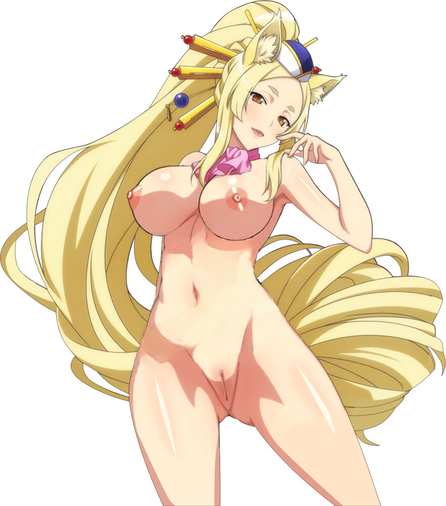 1girls, amber eyes, blonde hair, female, high school dxd, kitsune, long hair, looking at viewer, nude, nude female, ponytail, pussy, scarf, shaved pussy, smile, solo, tagme, uncensored, white background, white skin, yasaka (high school dxd)