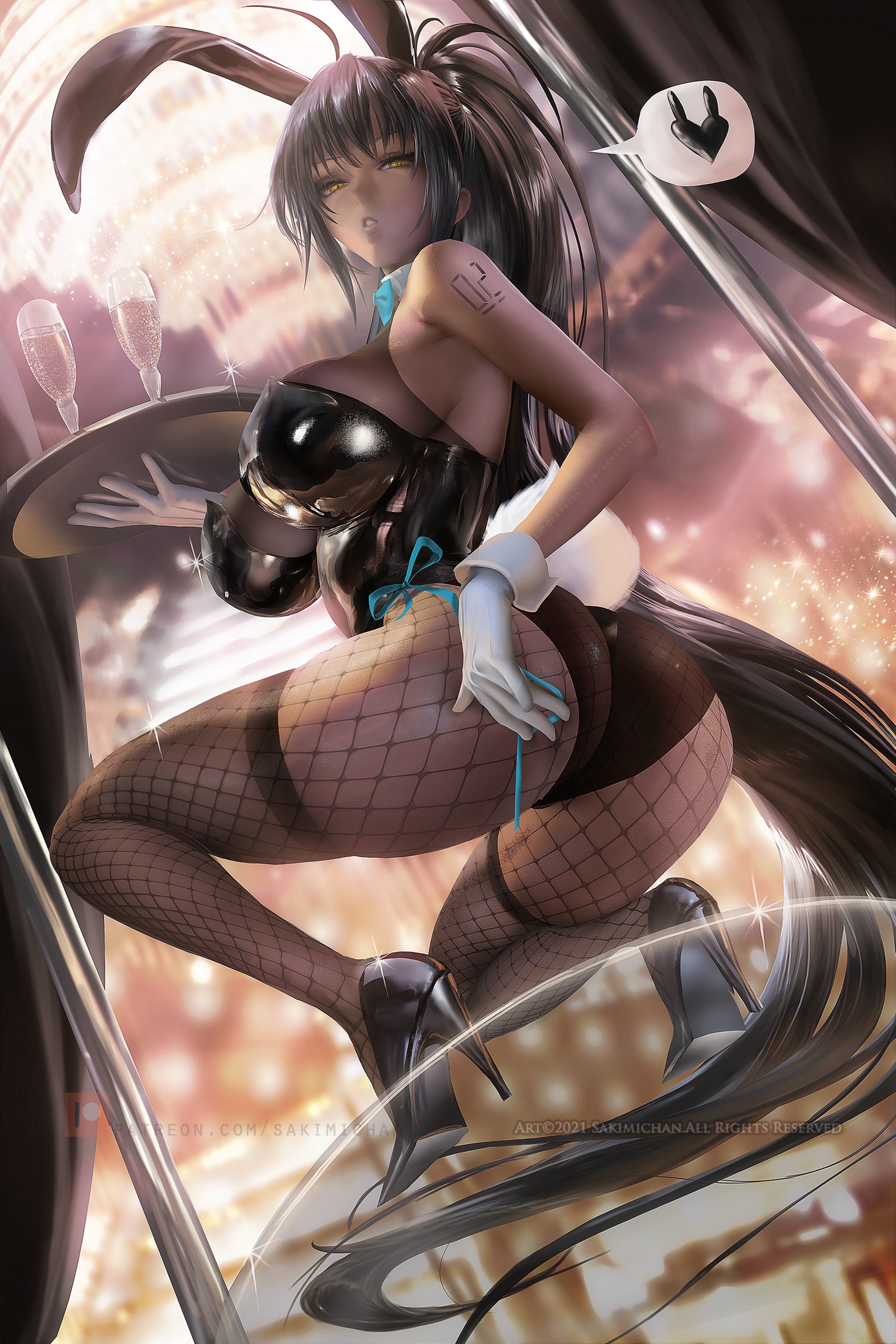 ass, big ass, blue archive, bunny ears, bunnysuit, cleaning & clearing (blue archive), female, karin (blue archive), karin (bunny) (blue archive), looking at viewer, massive ass, millennium science school student, sakimichan, solo female, thick thighs
