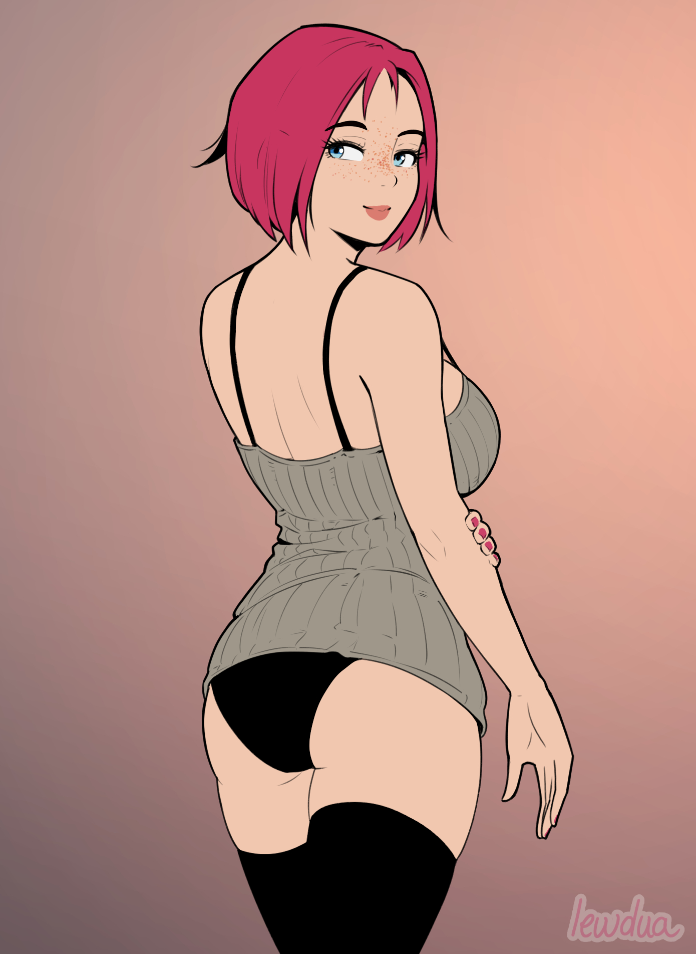 1girls, ass, big ass, breasts, female, female only, freckles, jade (lewdua), lewdua, original, pinup, red hair, solo