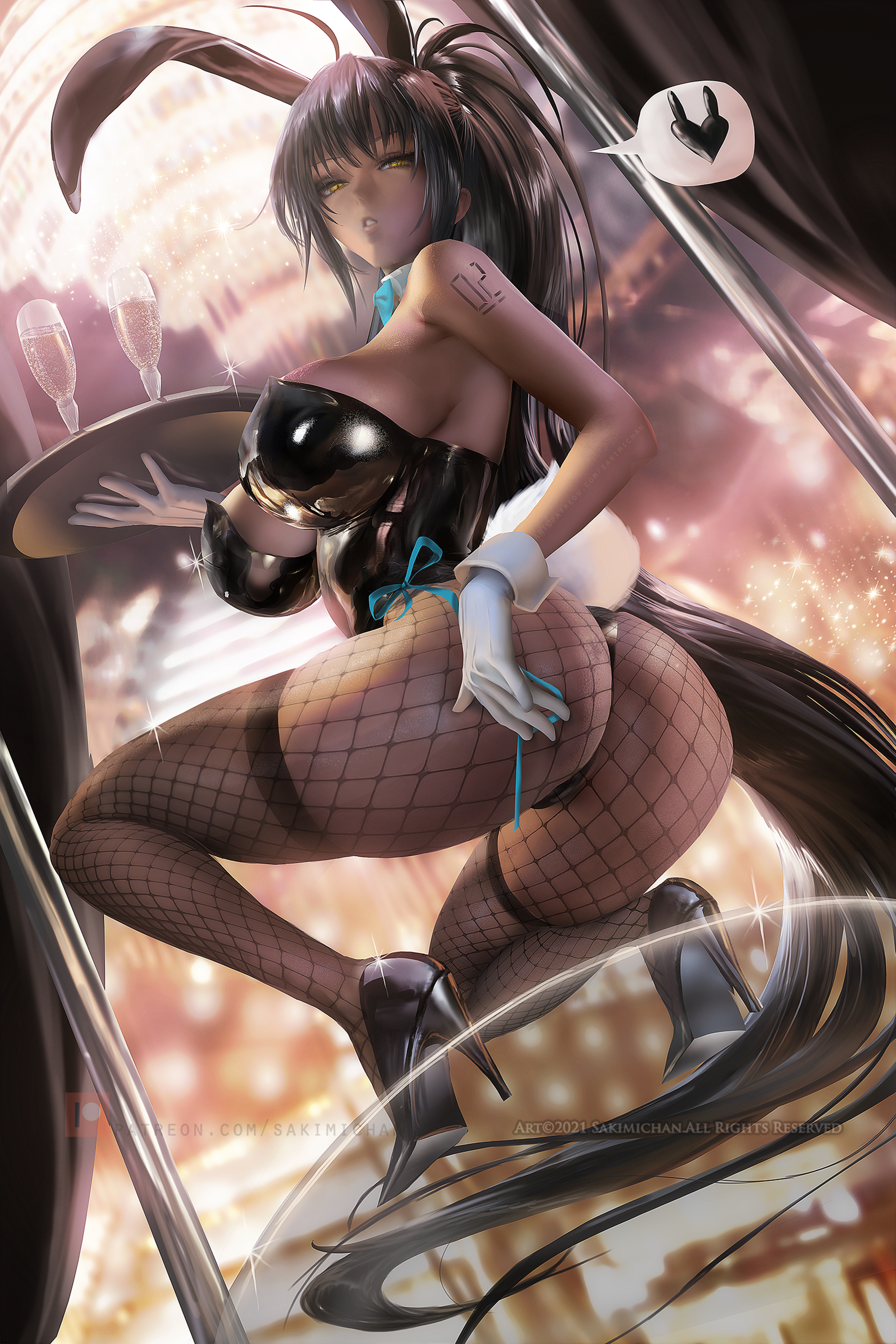 ass, big ass, blue archive, bunny ears, bunnysuit, cleaning & clearing (blue archive), female, high heels, karin (blue archive), karin (bunny) (blue archive), long hair, looking at viewer, massive ass, millennium science school student, sakimichan, solo female, thick thighs
