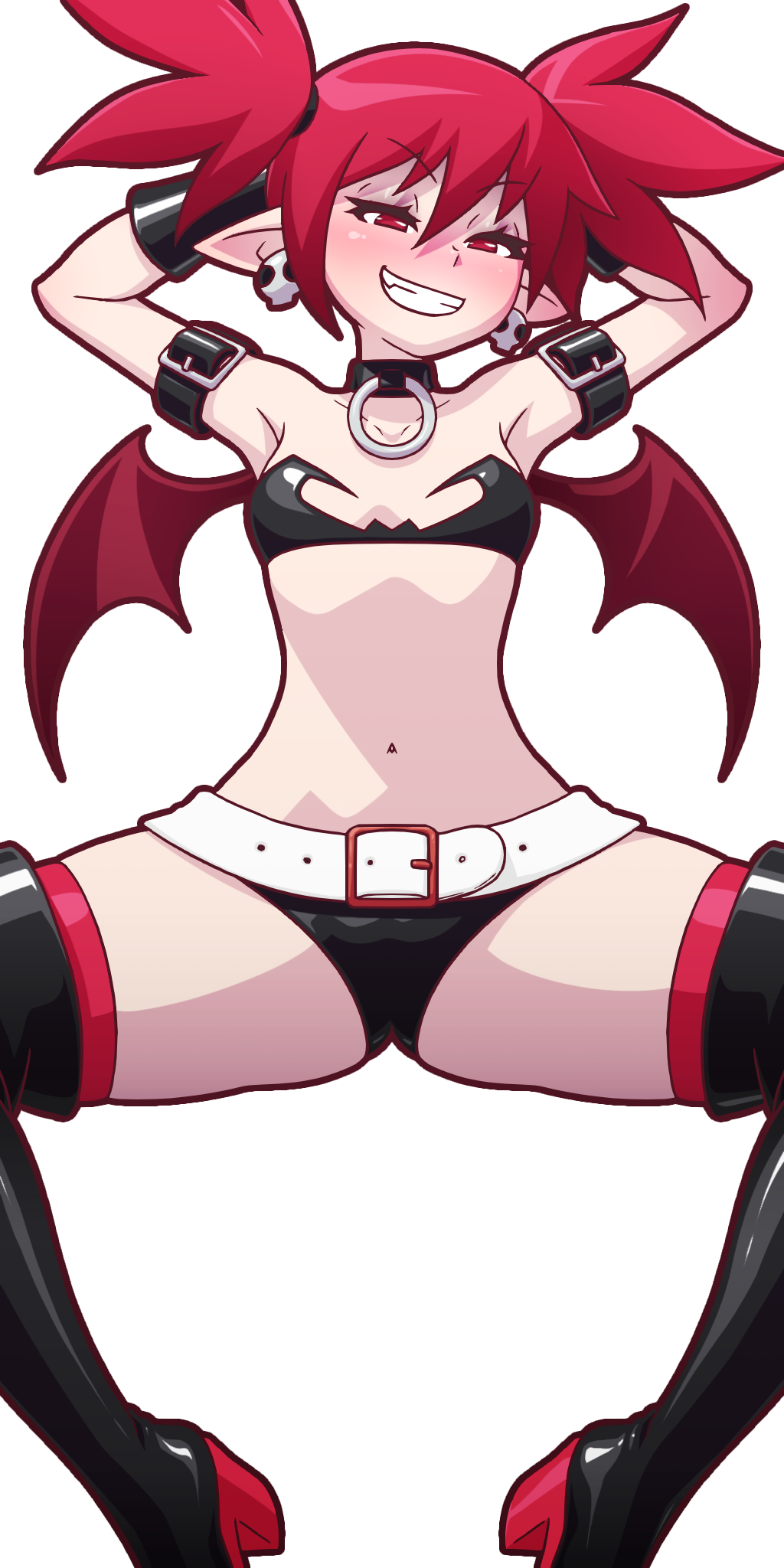 1girls barely_clothed belt blush color colored disgaea earrings elf_ears etna eyebrows_visible_through_hair female female_only legwear light_skin manyakis nippon_ichi_software pointy_ears red_eyes red_hair revealing_clothes skull_earrings small_breasts smile solo tagme thighhigh_boots tied_hair transparent_background wings