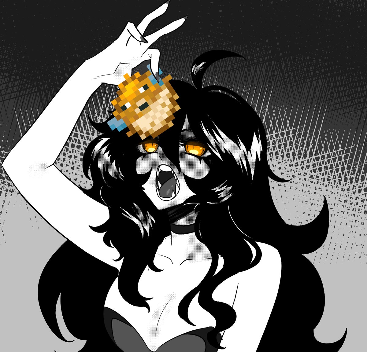 1girls, black background, black hair, choker, cleavage, eyeliner, female, female only, long hair, minecraft, nail polish, open mouth, pufferfish, sharp teeth, void dot exe, white skin, yellow eyes